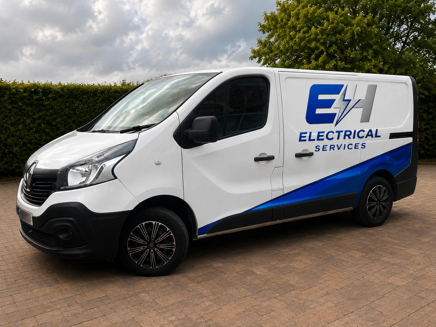 A white utility van with blue and black graphics; the text reads 'E4 Electrical Services' and a lightning bolt logo.
