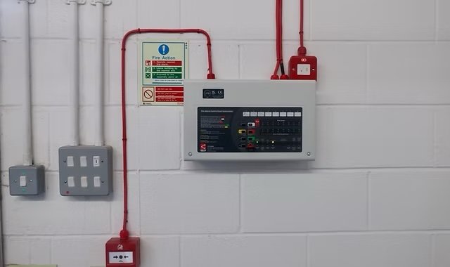 Fire alarm mounted on a ceiling with visible pipes and cove lighting.