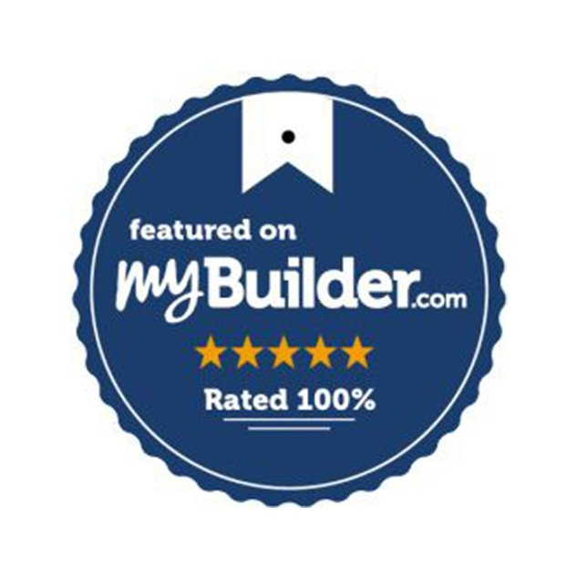 Blue circular badge with white and yellow text and stars, featuring a ribbon at the top, stating "featured on myBuilder.com, Rated 100%, 4 stars."
