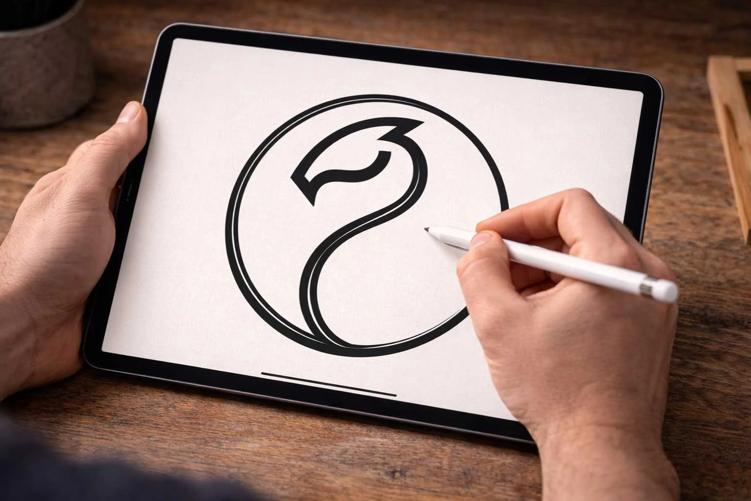 Person drawing a stylized logo inside a circle on a tablet with a white stylus.