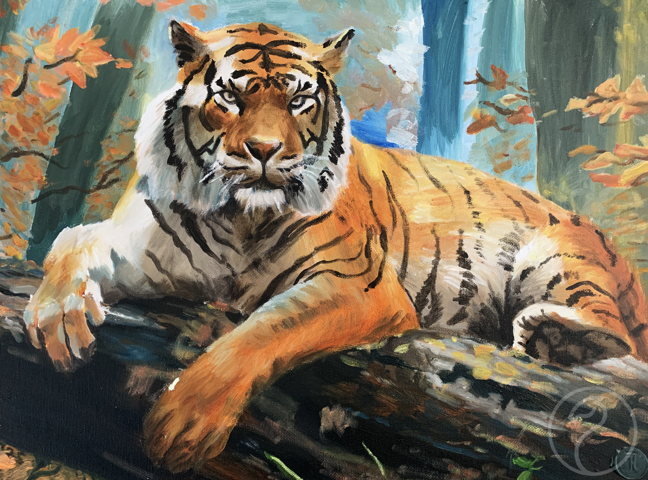 Painting of a tiger resting in a forest with trees and autumn leaves.