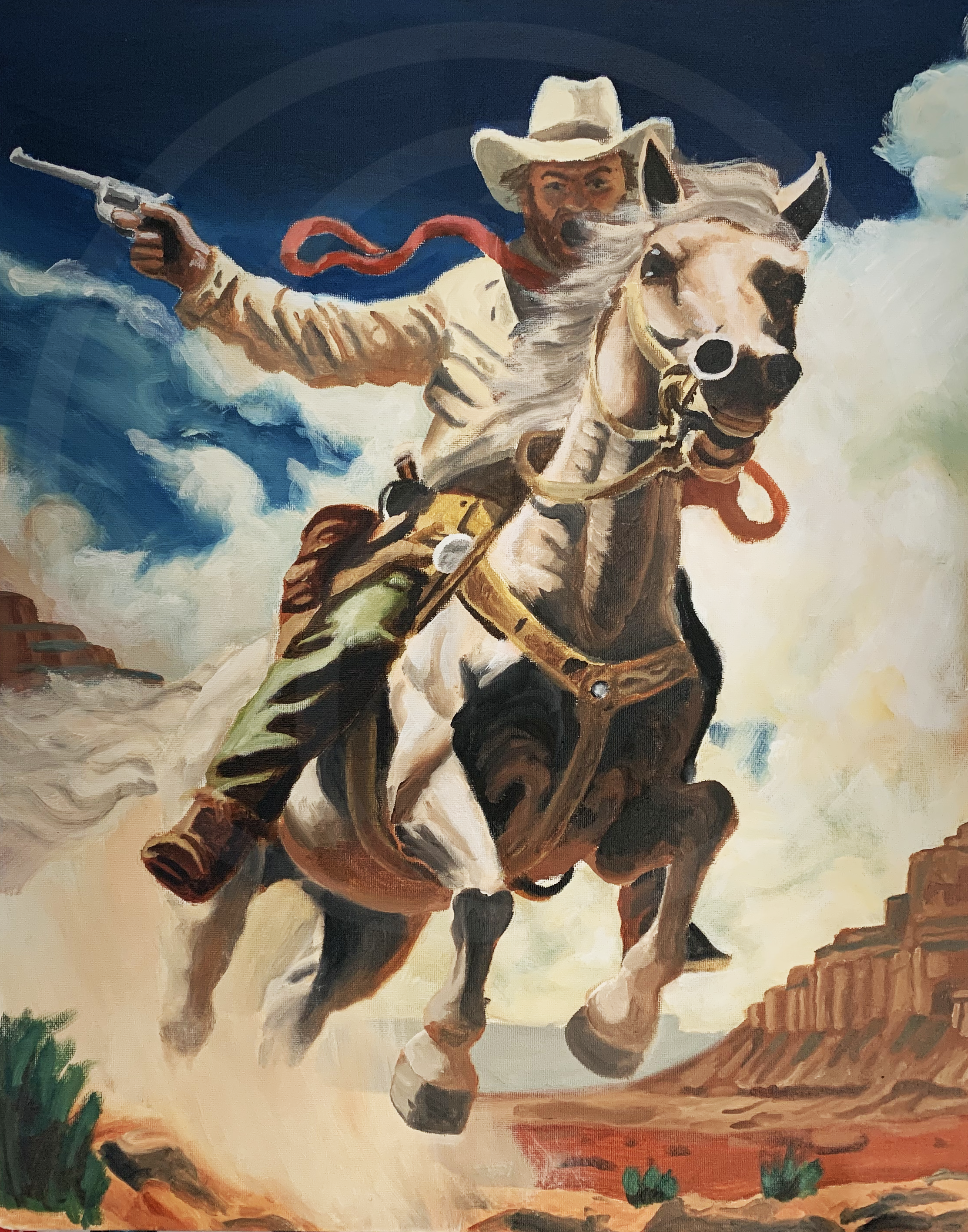 Painting of a cowboy riding a horse, wearing a white cowboy hat and red bandana, holding a gun in his right hand as the horse gallops on a dirt path with some green bushes and distant landscape.