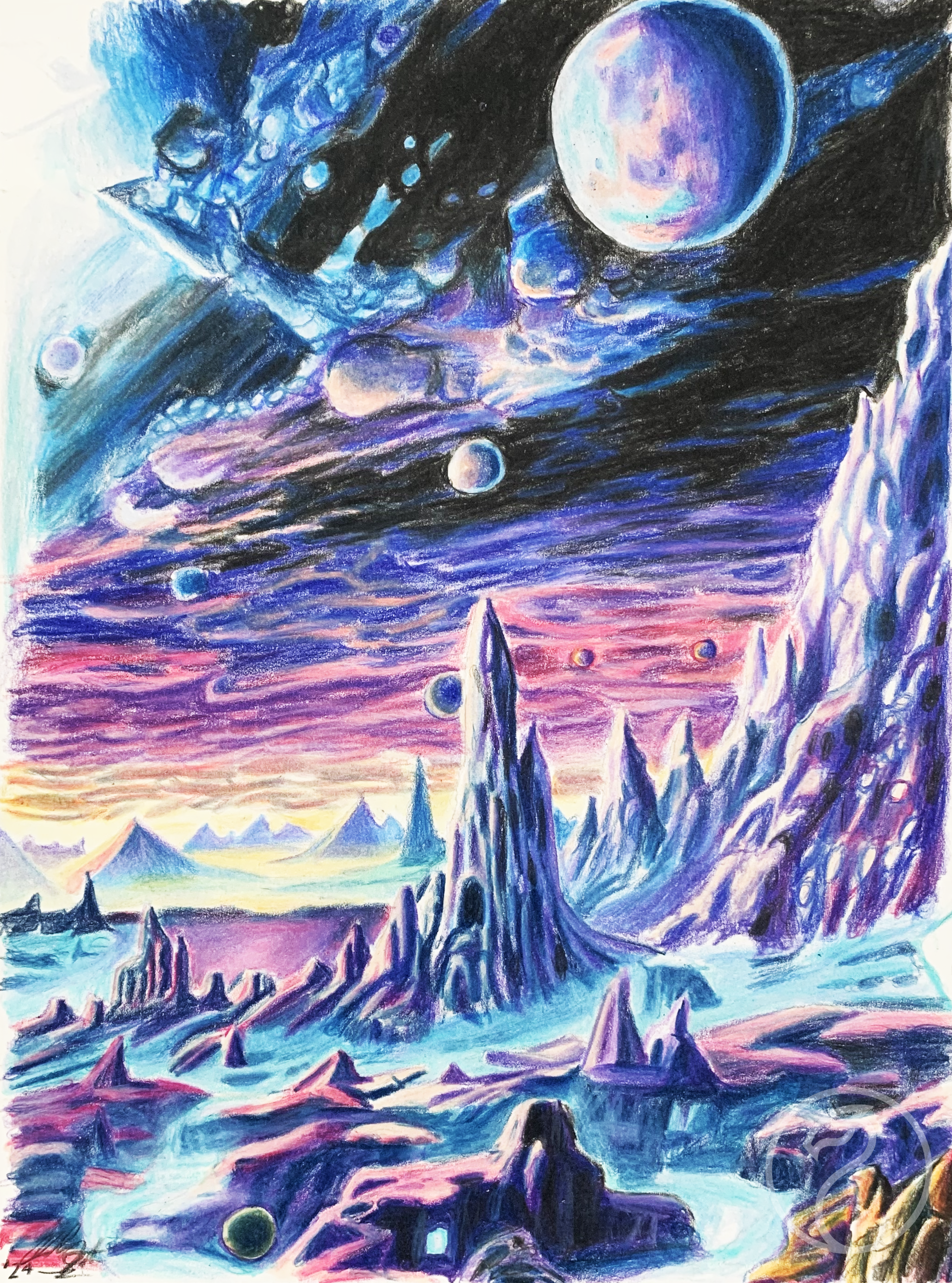 Colorful painting of a fantasy landscape with tall, jagged mountains, floating spheres, and a dark sky with planets and cosmic elements.