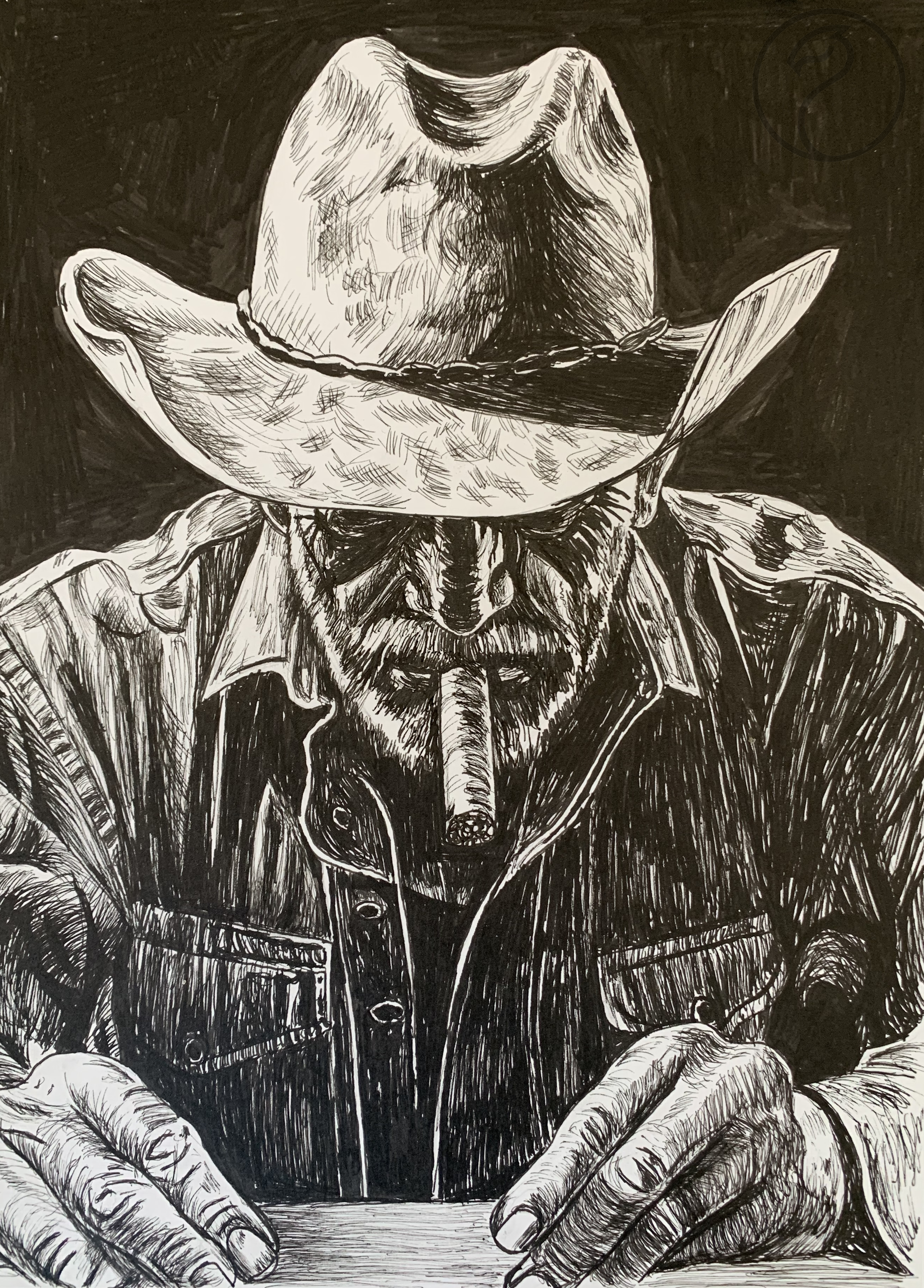 Black and white drawing of a man wearing a cowboy hat and a button-down shirt, sitting at a table and writing with a pen.