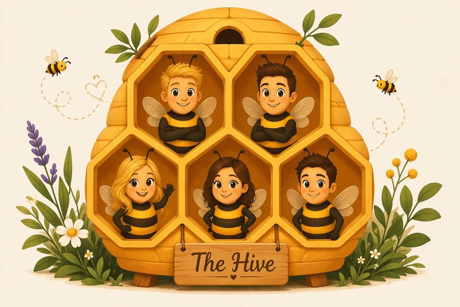Vijf kinderfiguren gekleed als bijen in een bijenkorf met een bord 'The Hive', omgeven door bloemen en bijen.