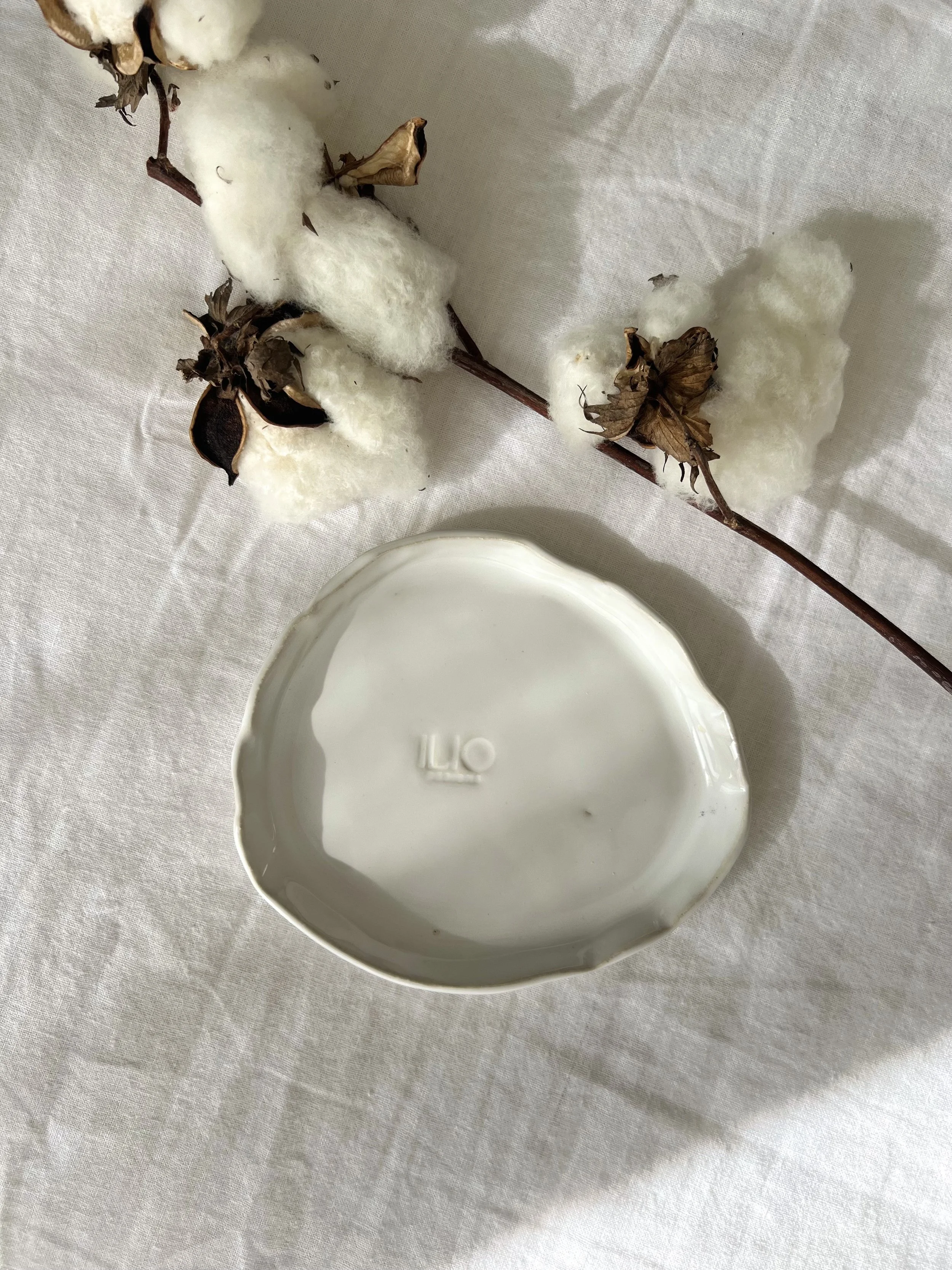 Close-up of a cotton branch with white cotton trinket plate, home made ceramic, and dried leaves on a white cloth background. Simple pieces to elevate you house. Each piece hand build with love.