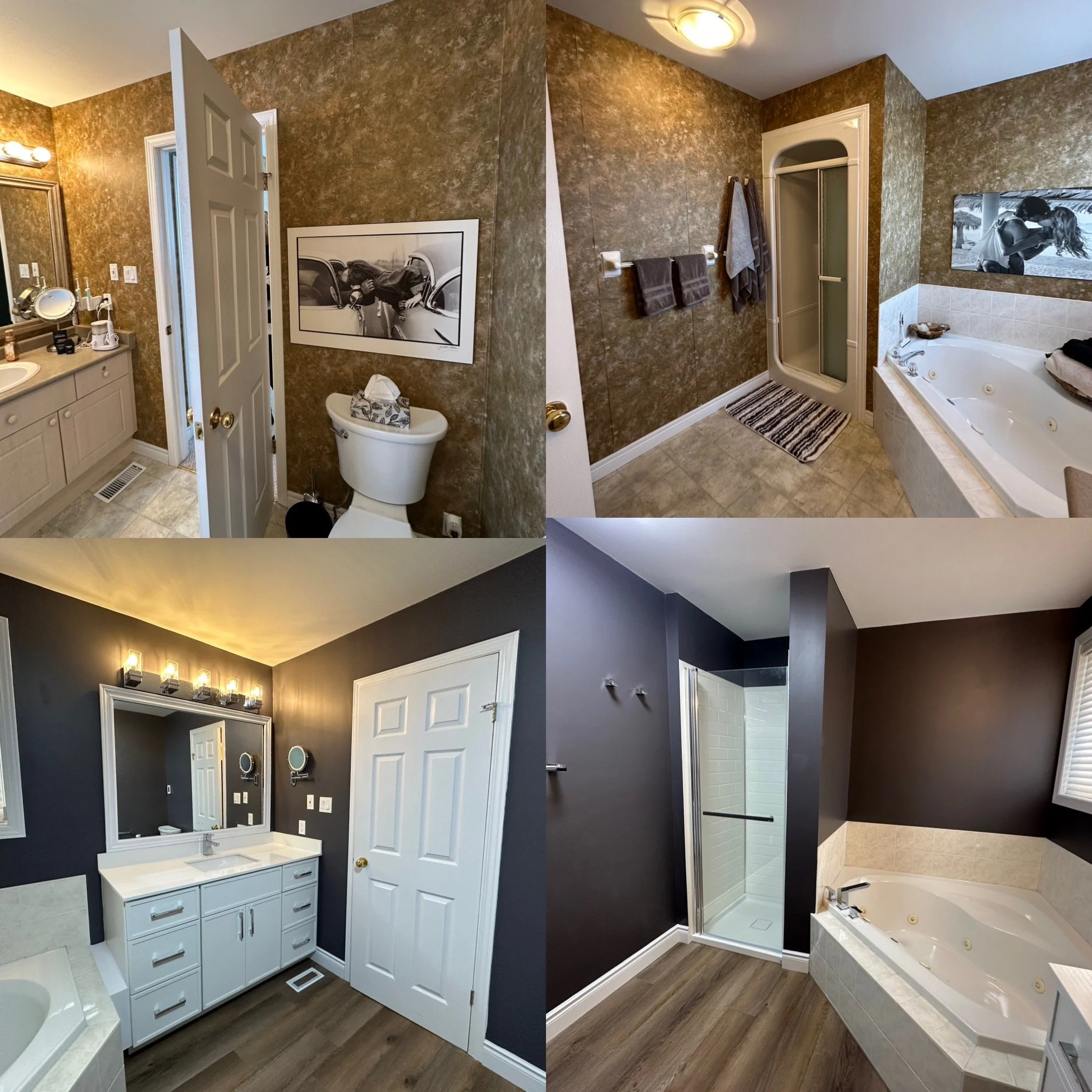 Comparison of two bathrooms showing before and after renovations; top images show older bathrooms with brown walls, while bottom images display renovated bathrooms with darker and lighter walls, new fixtures, and updated decor.