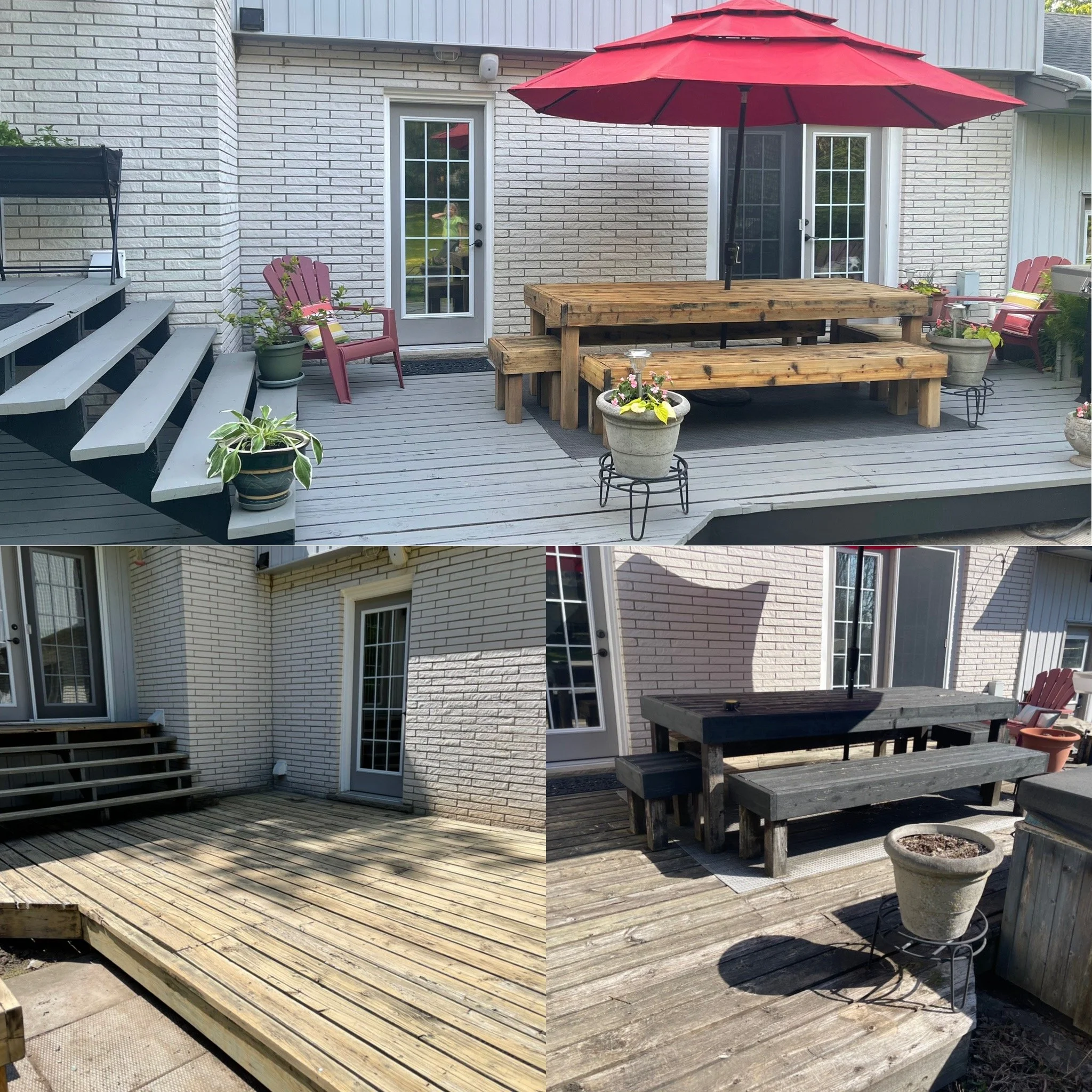 Three images showing different views of a backyard deck area. The top image features partially painted light gray decking with a built-in seating area, potted plants, and outdoor furniture including a table with an umbrella. The bottom left image sho