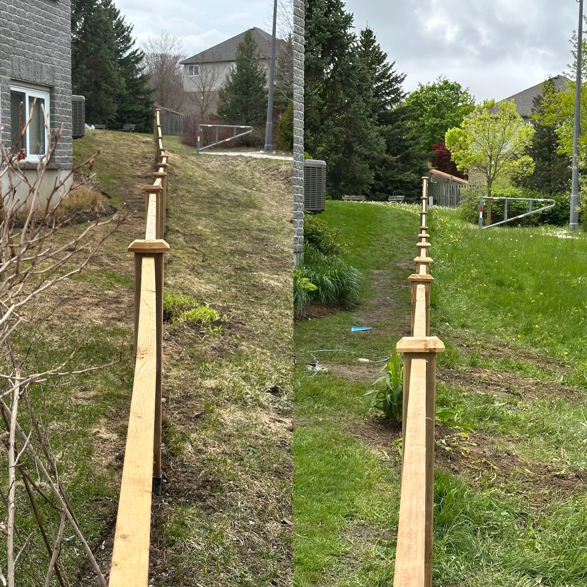 Comparison of a sloped backyard with a partially built wooden fence on the left side and a finished wooden fence on the right side, with houses and trees in the background.
