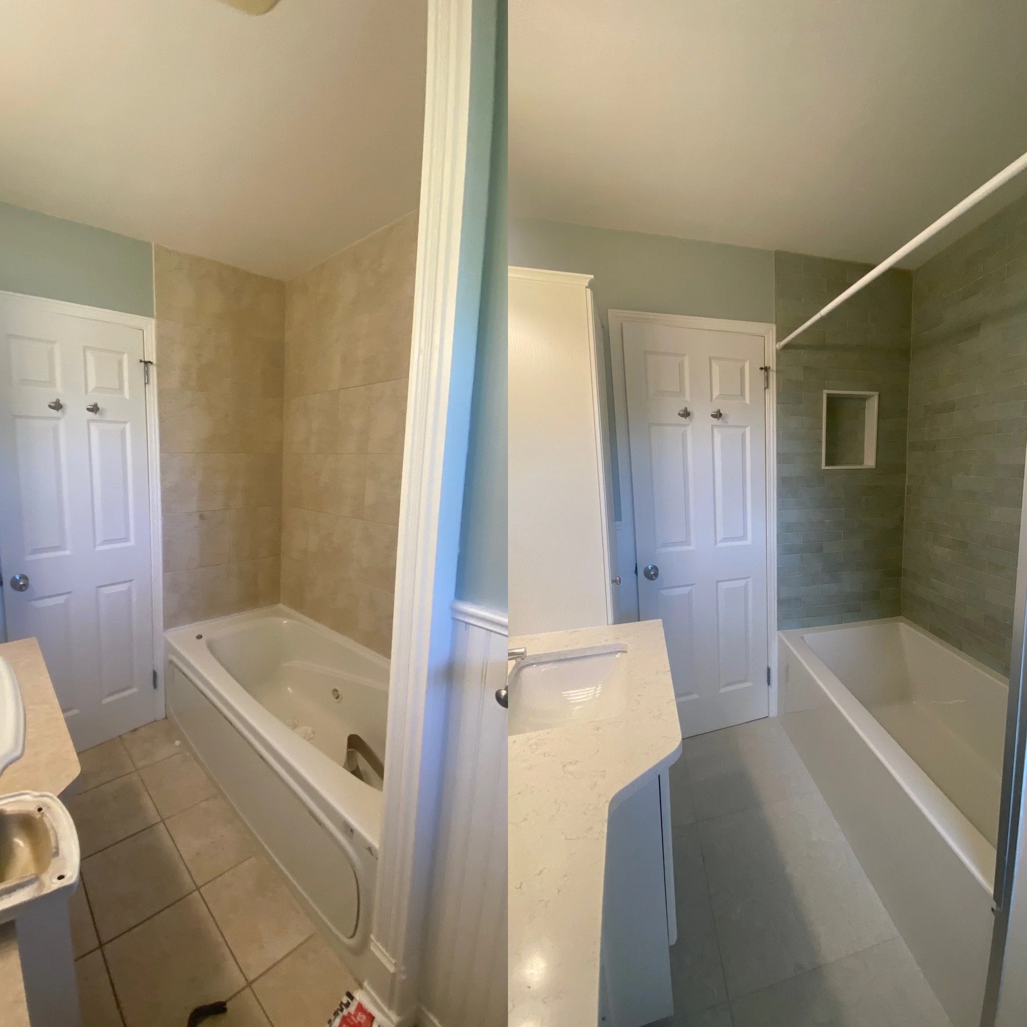 Before and after renovation of a bathroom bathtub area showing tile removal, new gray tiles, and updated fixtures.