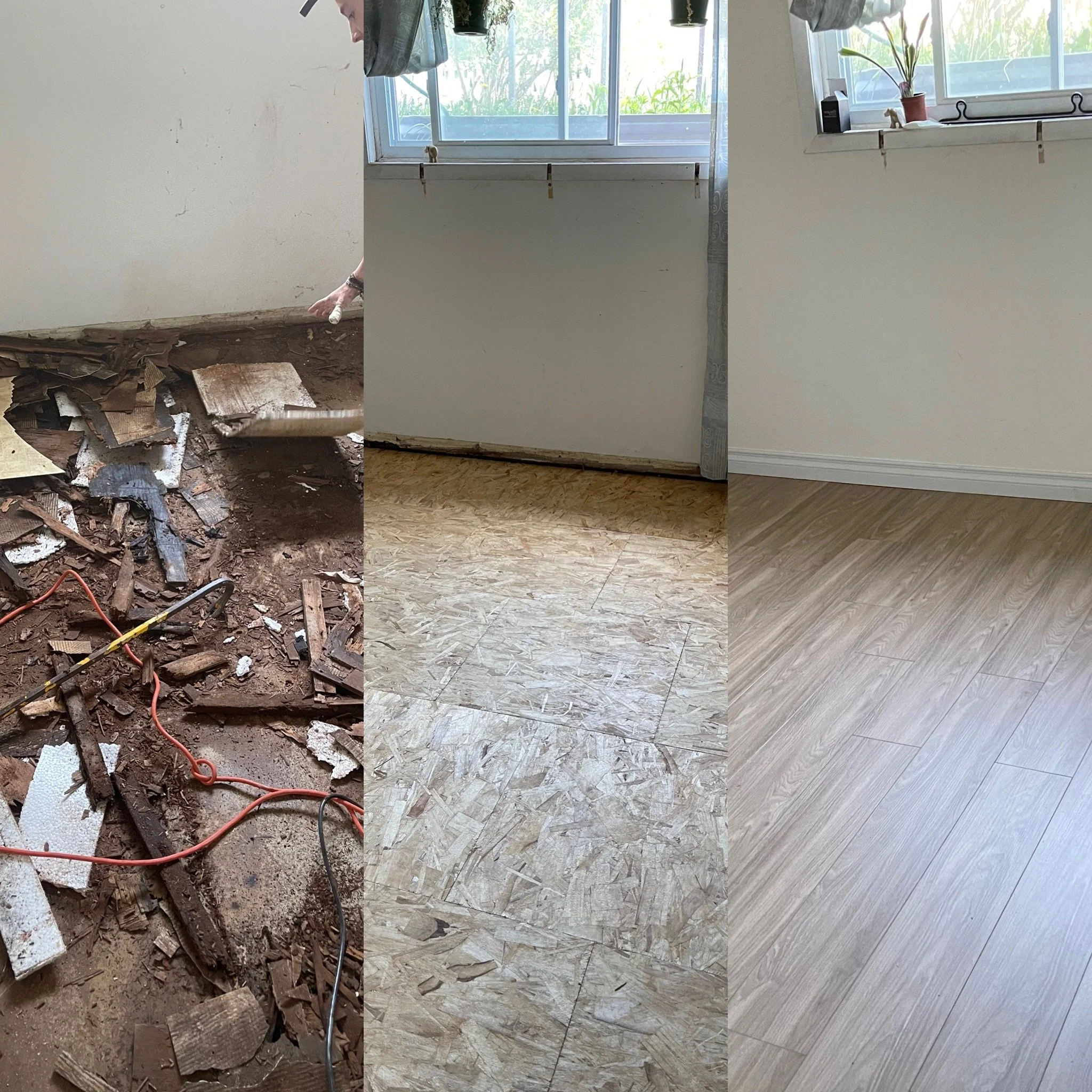 Progression of flooring removal and installation in a room: first shows a floor with old, damaged tiles being removed, second shows a bare subfloor, and third shows a completed room with new light-colored vinyl plank flooring.