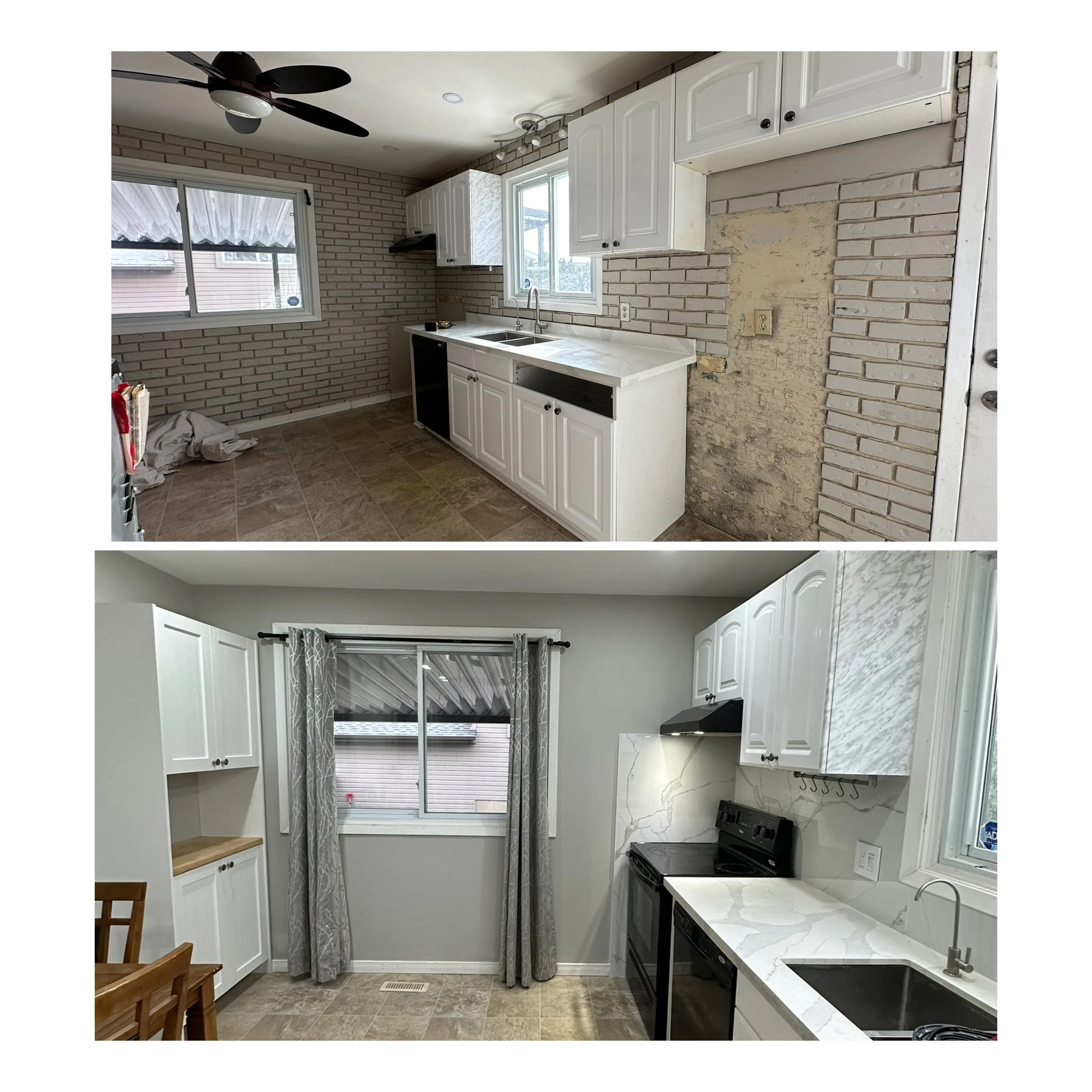 Comparison of a kitchen before and after renovation showing updated cabinetry, countertops, and wall finishes.