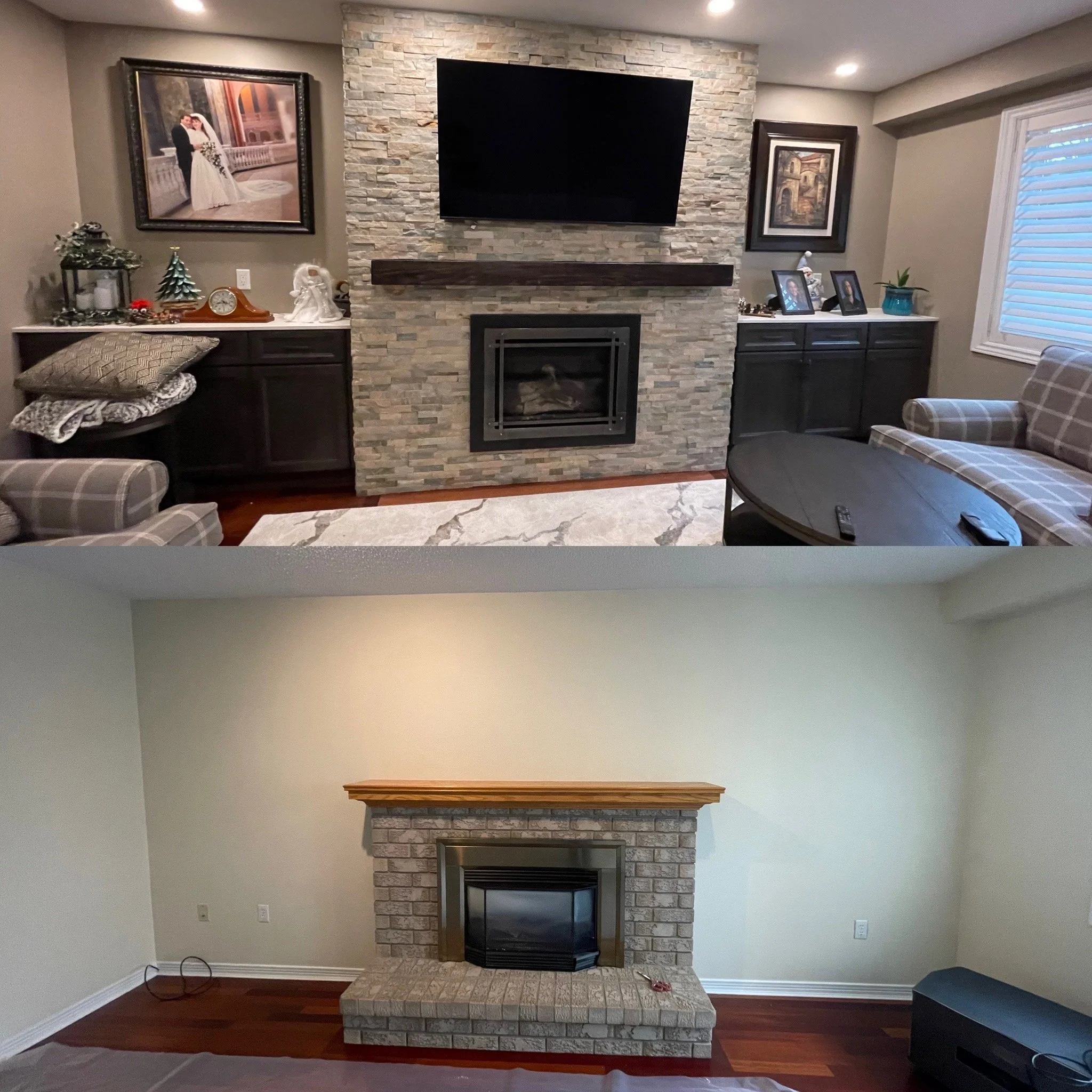 Two living room fireplaces; the top fireplace has a modern stone surround and a mounted TV above, surrounded by framed artwork and decorative items, while the bottom fireplace has a traditional brick surround and a wooden mantel, with empty walls on 