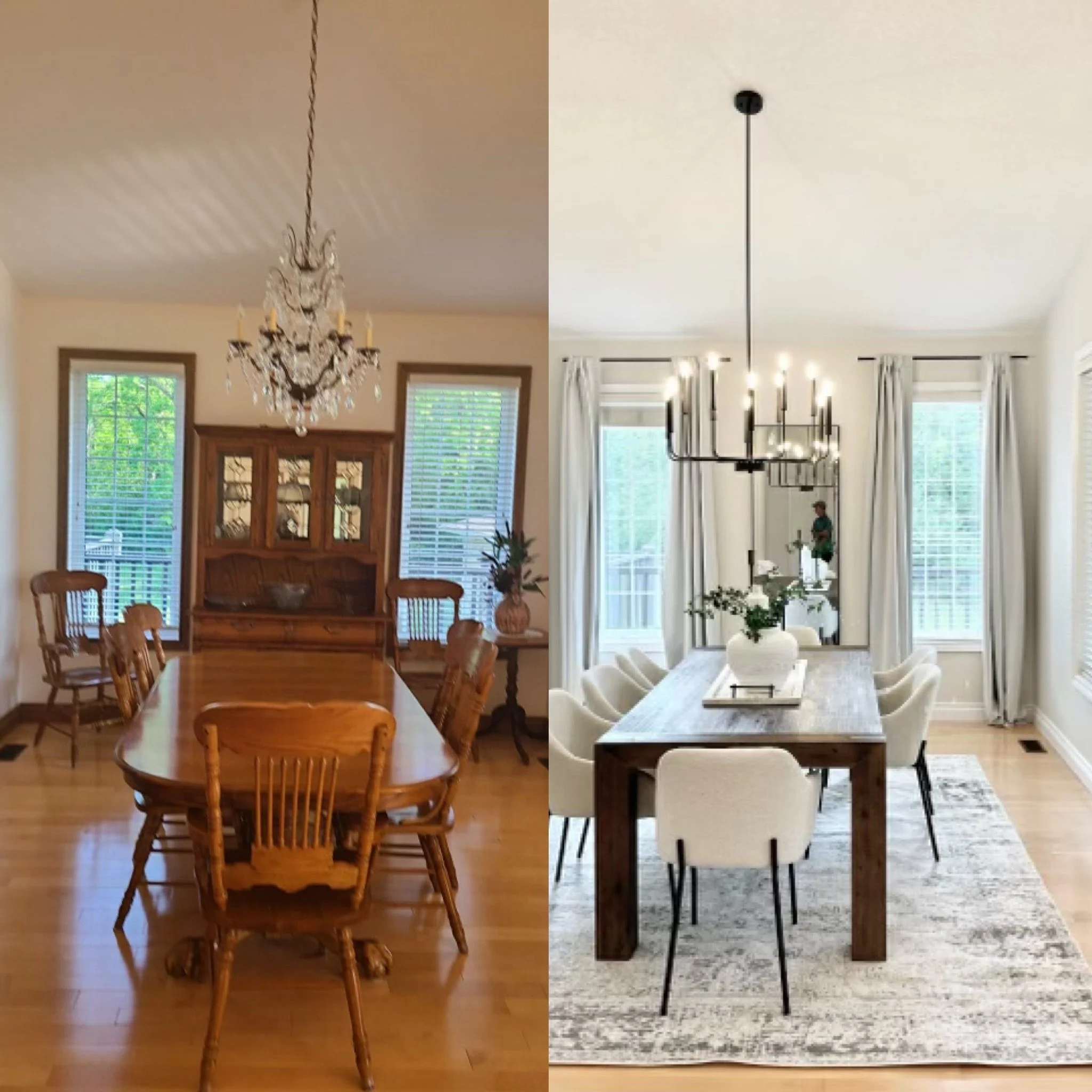 Comparison of two dining rooms: the left room features a traditional style with wooden furniture and a crystal chandelier, the right room has a modern style with a wooden table, white chairs, contemporary chandelier, and light-colored decor.