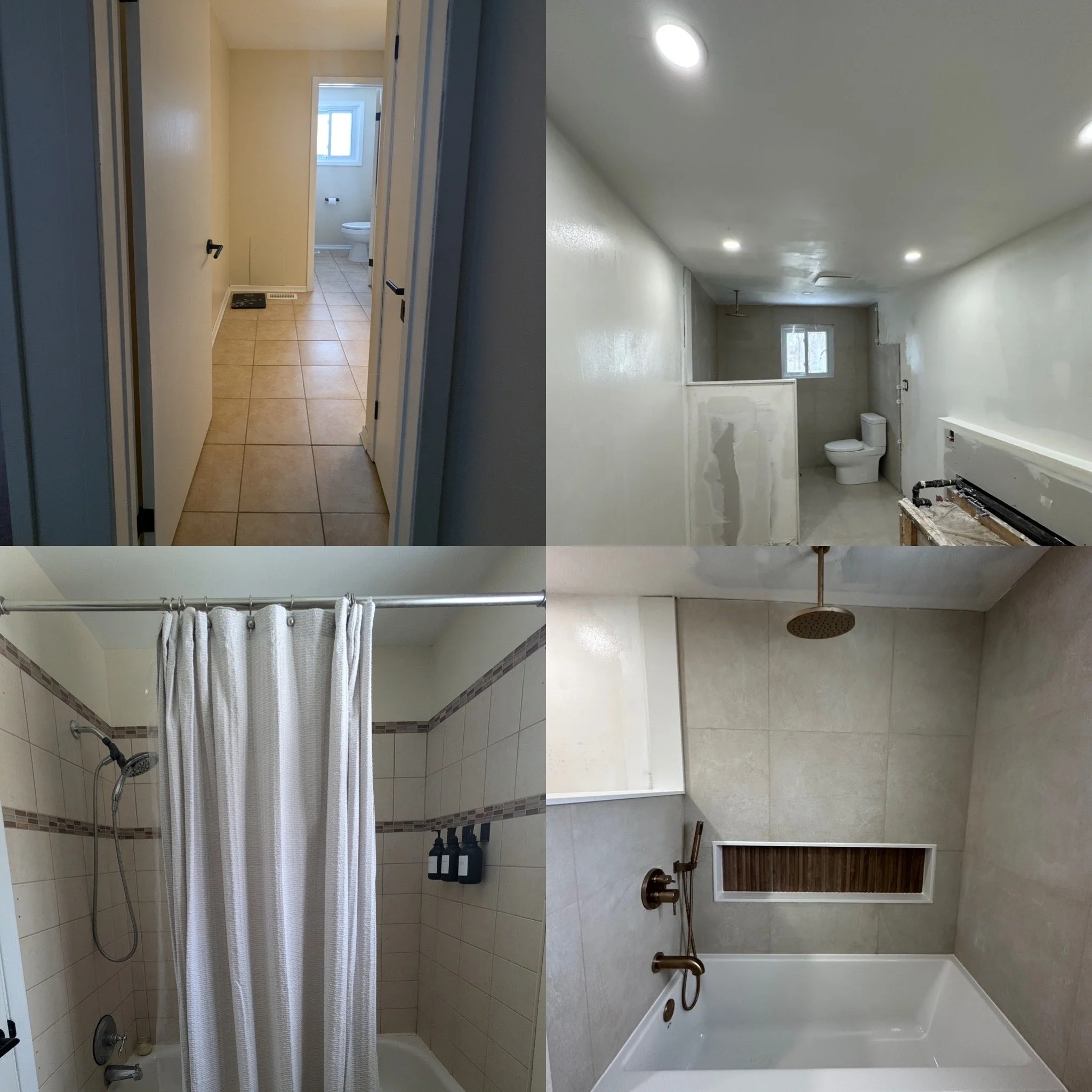 Four photos showing different areas of a house, including a hallway leading to a bathroom, a living space under renovation, a shower with a curtain, and a bathtub with a copper showerhead.