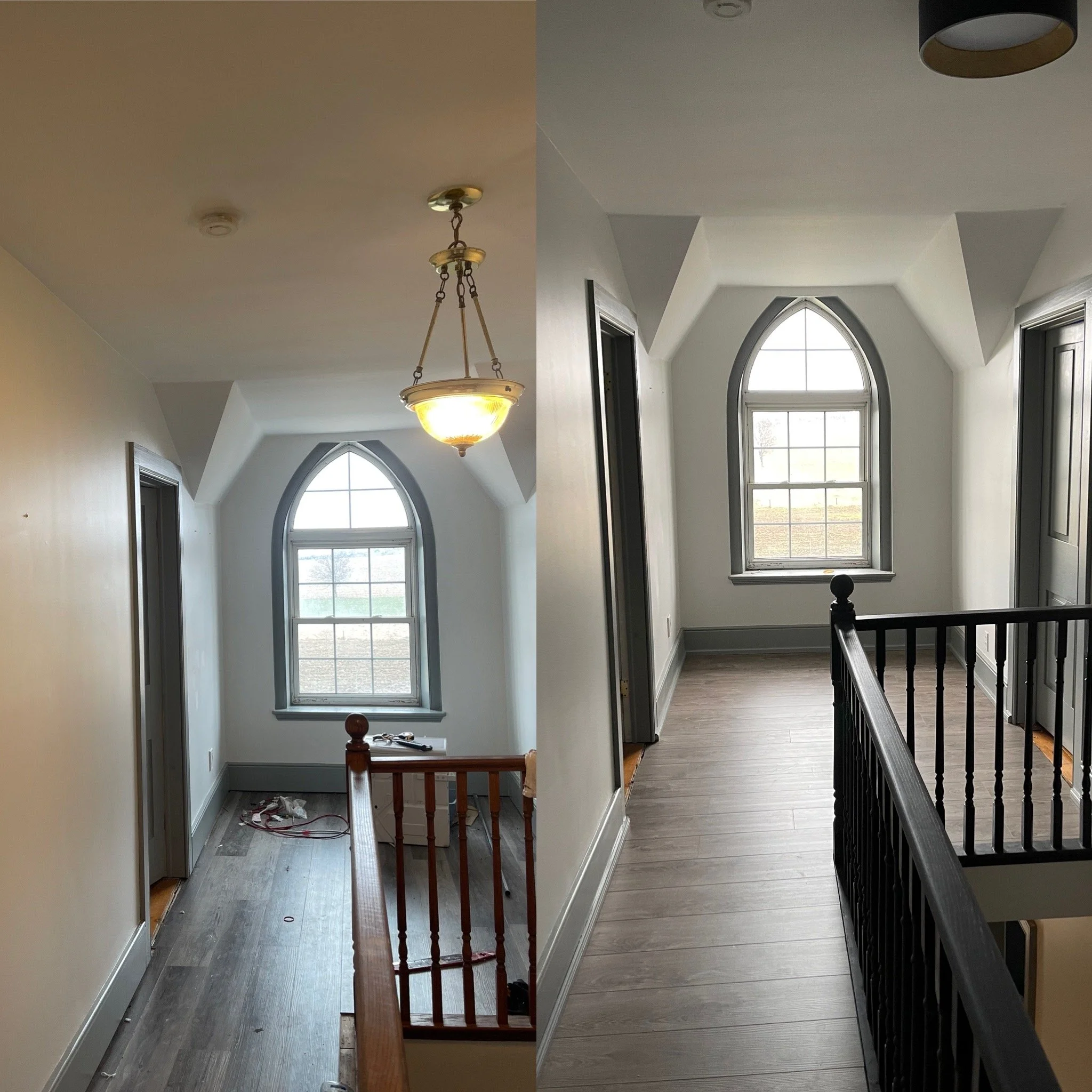 Side-by-side before and after images of a house interior hallway with a large arched window, showing renovations. The before image shows an unfinished area with a hanging light fixture, construction materials, and a wooden railing. The after image sh