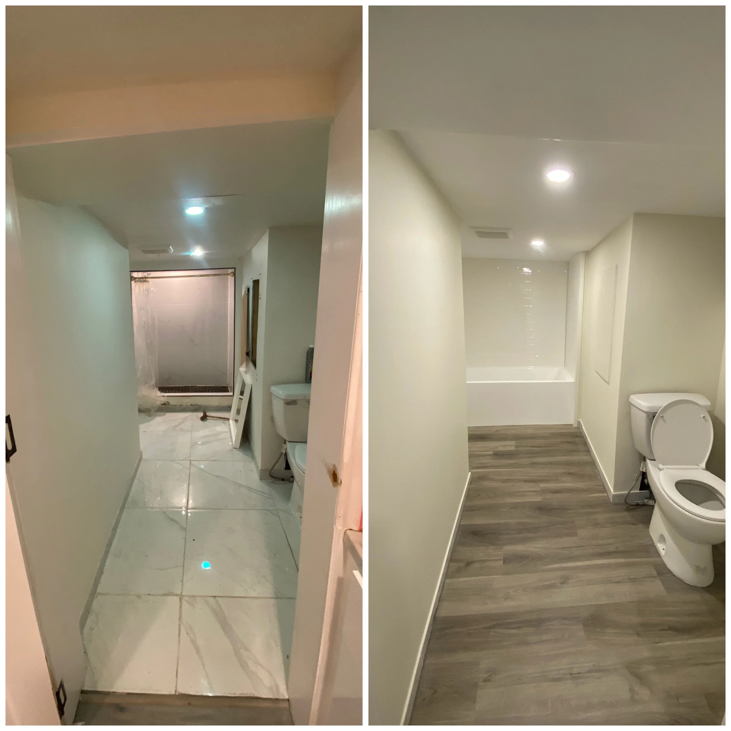 Comparison of two bathroom photos: the left showing an unfinished bathroom with tiled floor, a toilet without cover, and construction materials; the right showing a renovated bathroom with new wood-like flooring, a clean toilet, and finished walls wi
