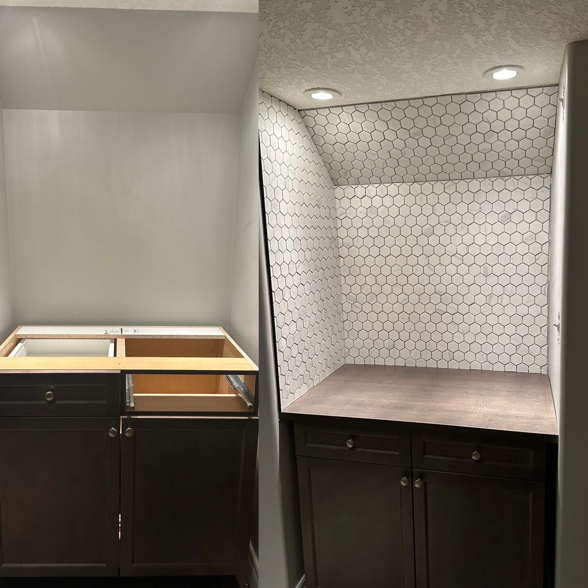 Side-by-side comparison of two bathroom vanity cabinets, one under construction and one finished with a backsplash of white hexagonal tiles.
