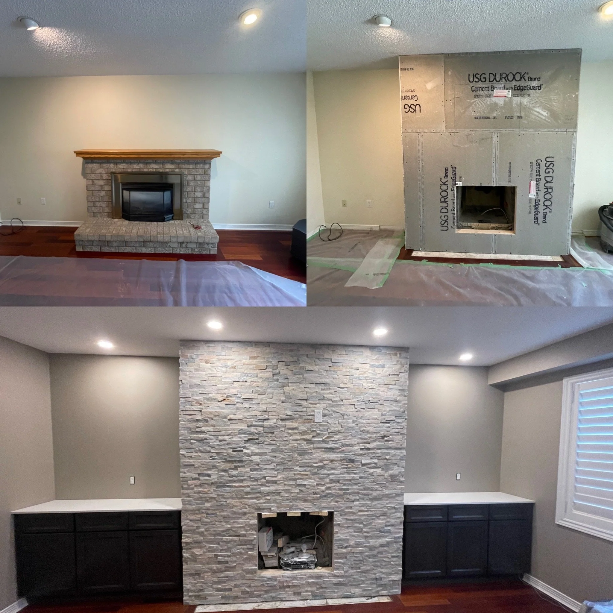 Progress photos of a living room fireplace remodel. The top left shows the completed fireplace with brick surround and wooden mantel. The top right shows the fireplace during construction with exposed drywall and a cutout for the firebox. The bottom 