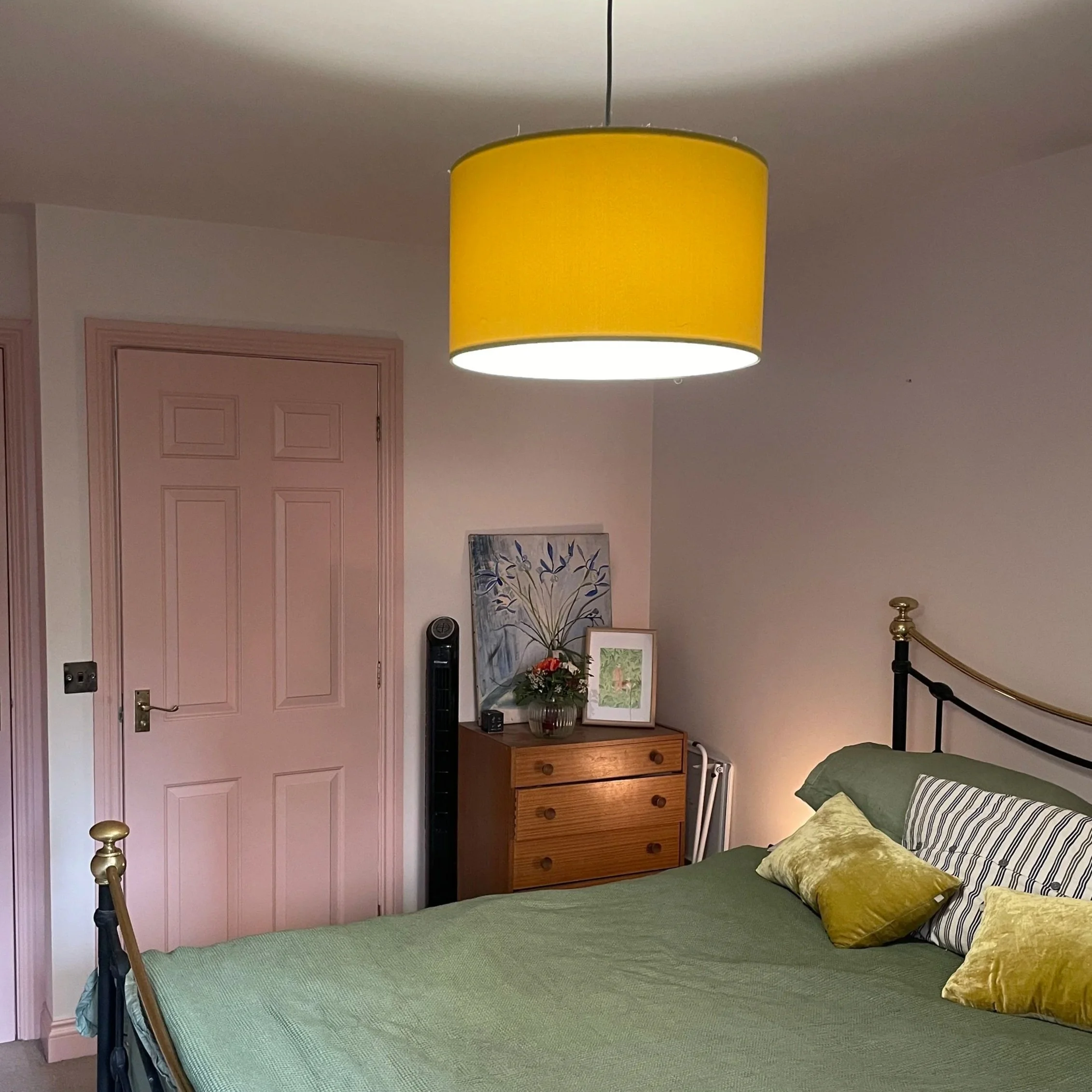 This palette was a colour-drench of a soft pink for the walls and ceiling, with a darker pink for the woodwork.  One door to the en-suite and the door to the rest of the house is visible and is painted in durable eggshell, like the architraves and sk