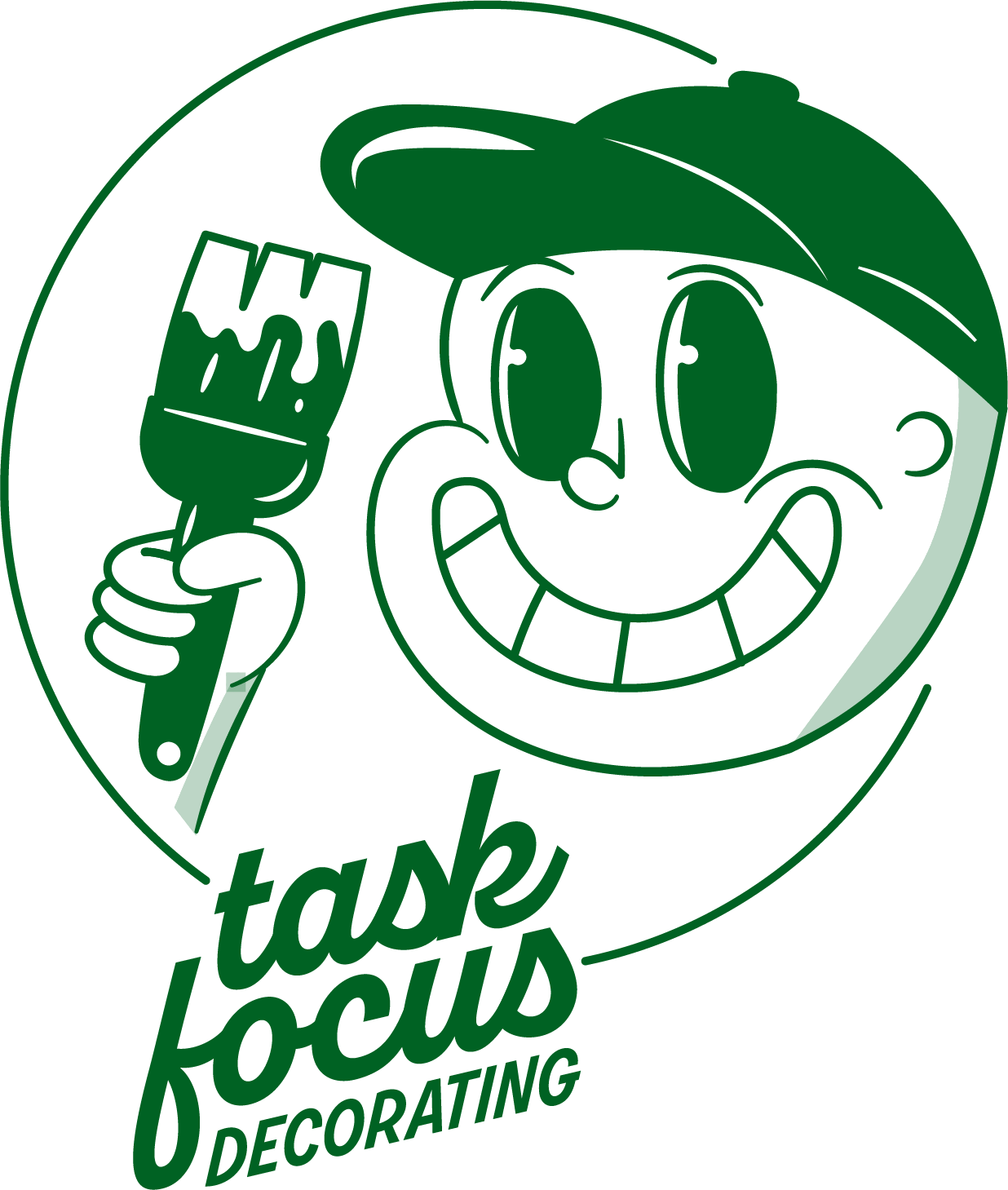 Logo for Task Focus Decorating featuring a smiling cartoon character wearing a hat and holding a paintbrush.