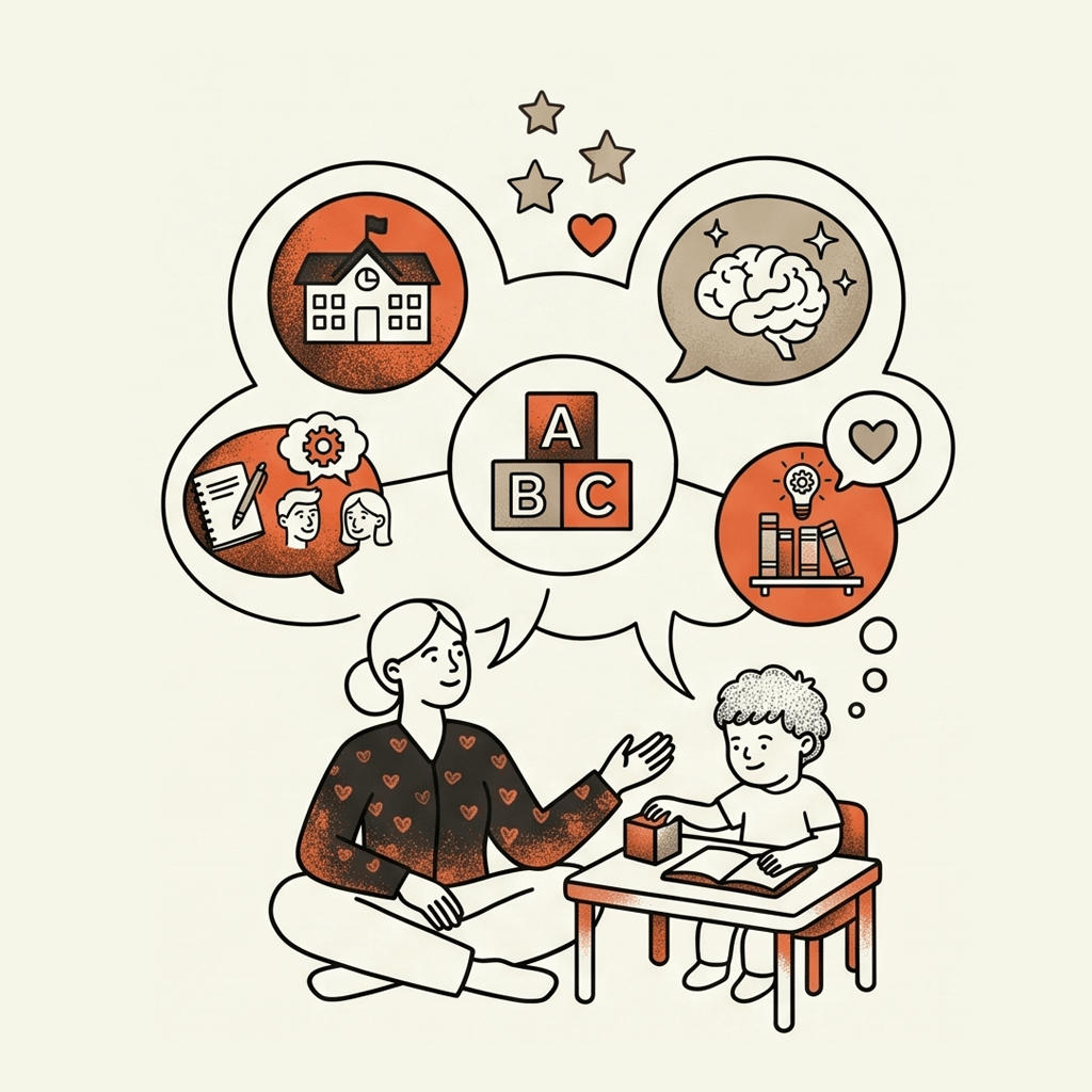 Crest Allied Health _ A woman teaching a young boy about learning, with speech bubbles showing a school, brain, books, and learning symbols.