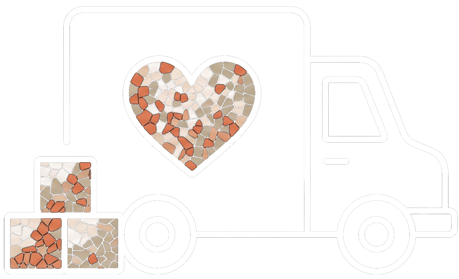 Crest Allied Health _ Illustration of a delivery truck with a mosaic heart on the door and matching mosaic tiles displayed on a phone and nearby tiles.