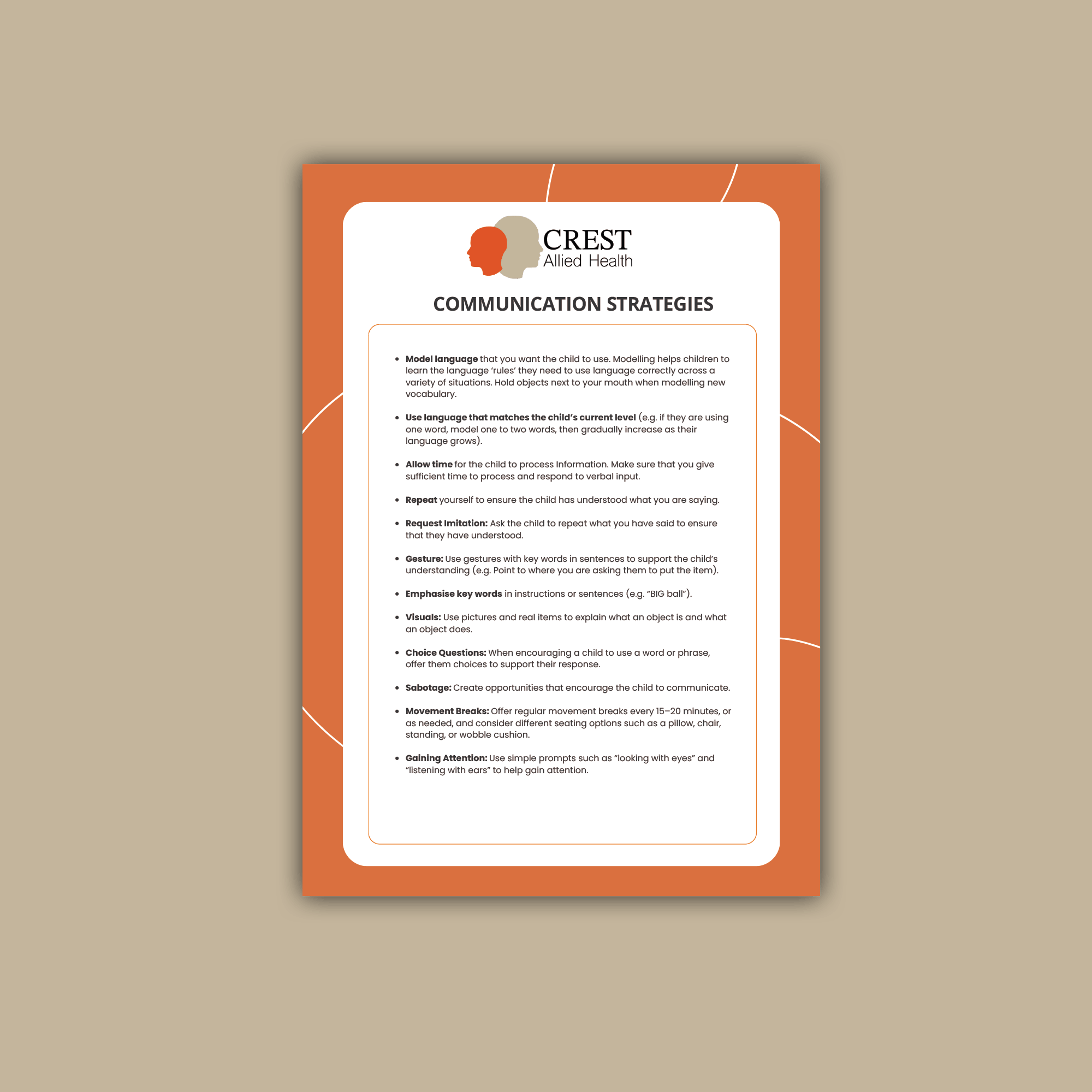A guide titled 'Communication Strategies' from Crest Allied Health, with tips on model language, matching language to child's level, allowing processing time, repeating, requesting imitation, gesture, emphasizing key words, visuals, choice questions, sabotage, movement breaks, and gaining attention.
