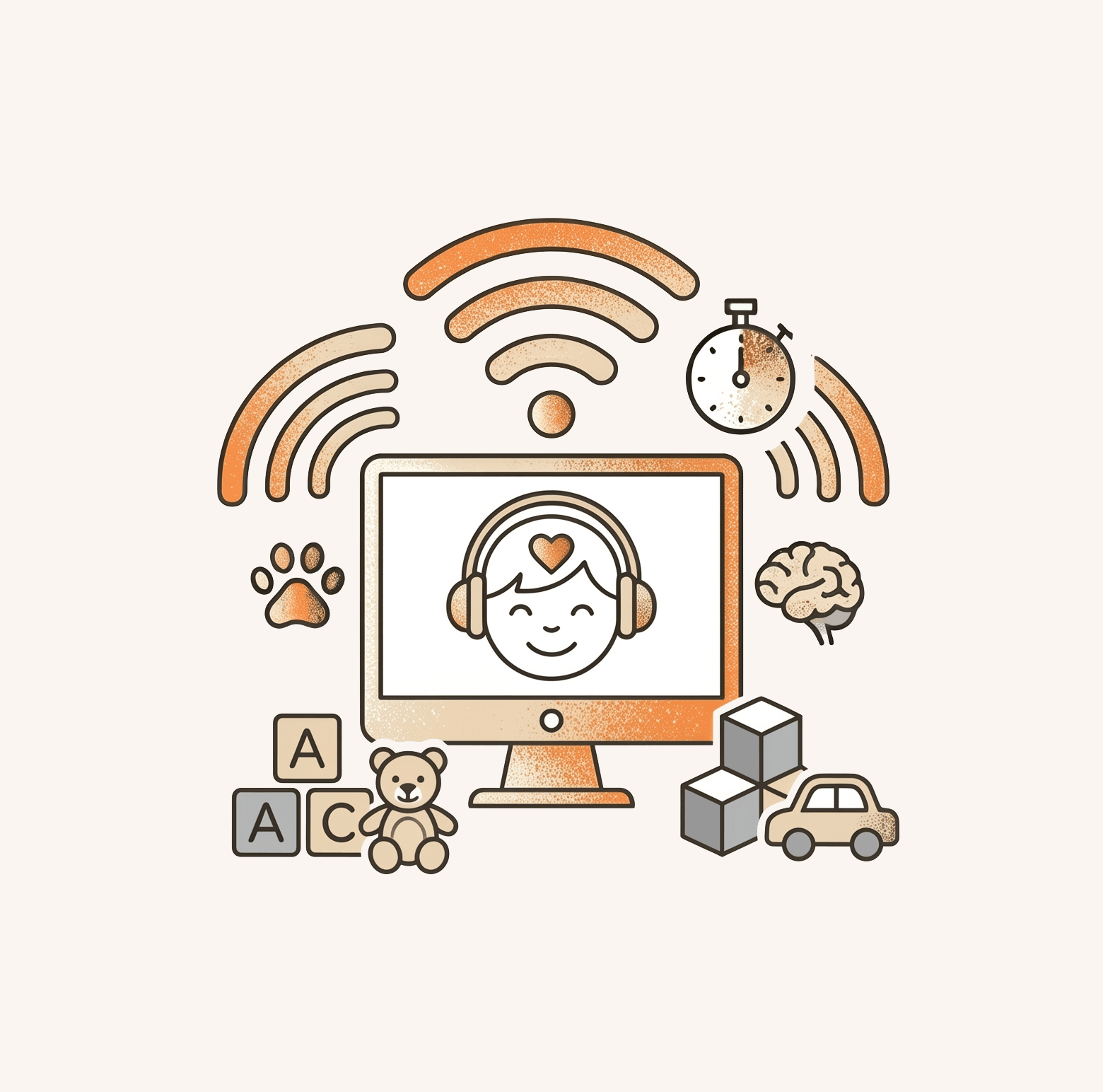 An illustration featuring a computer monitor with a smiling girl wearing headphones on the screen, surrounded by icons indicating Wi-Fi, a clock, a brain, and various toys such as building blocks, a teddy bear, a toy car, and alphabet blocks.