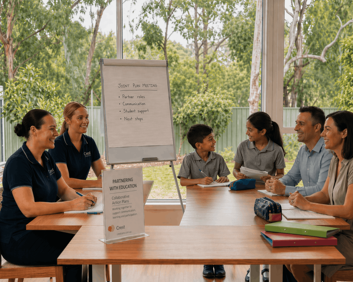 A diverse group of adults and children sitting at a wooden table in a bright room with large windows and greenery outside, engaged in a discussion or meeting.