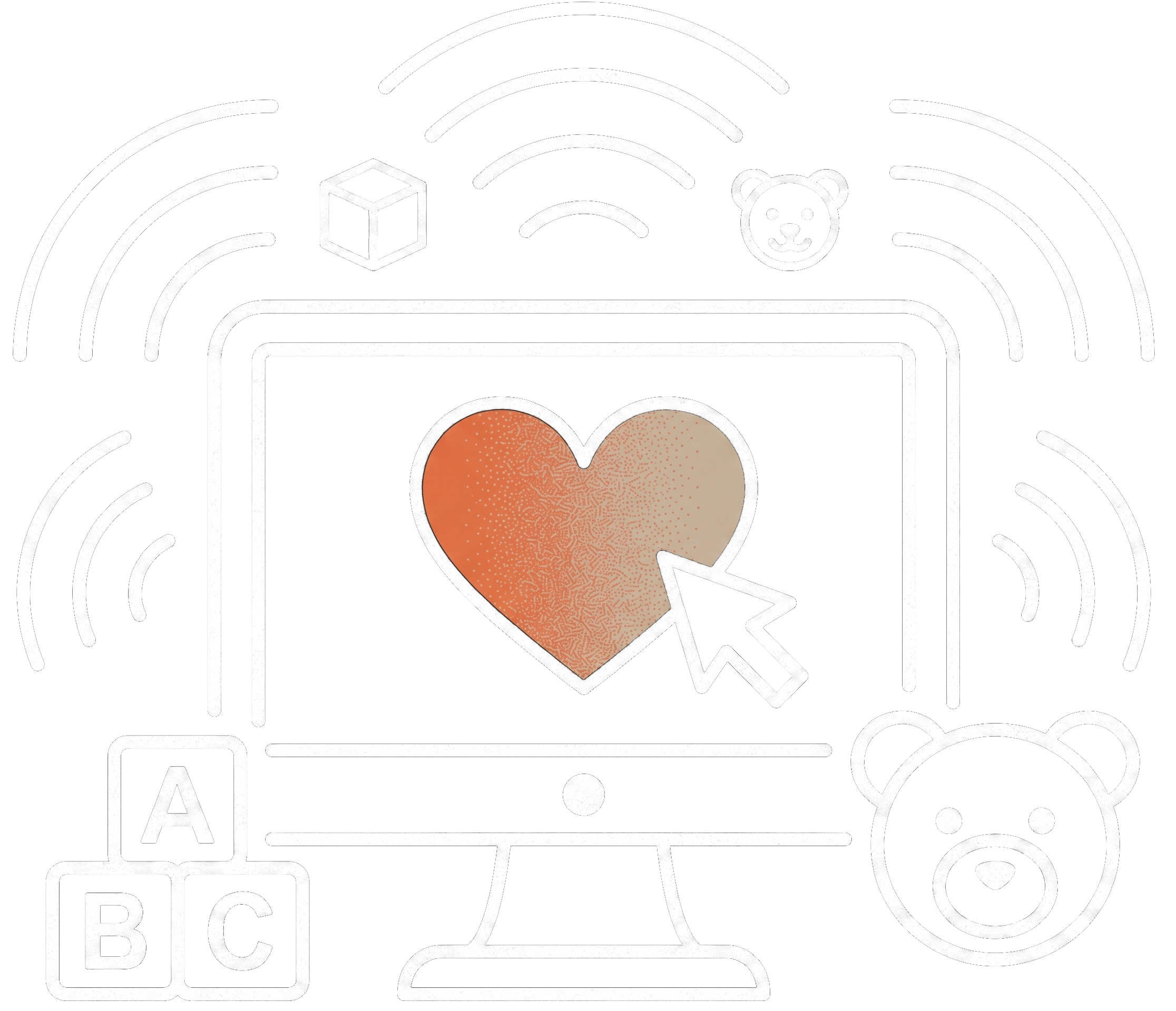 Illustration of a smartphone with a heart on the screen, accompanied by icons of a teddy bear and a cube, surrounded by various shapes and outline elements.
