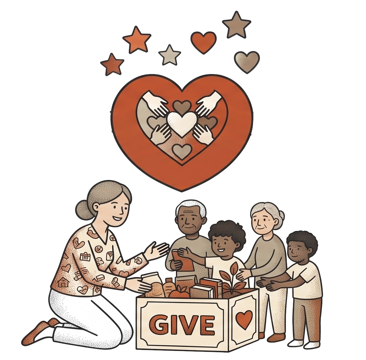 Crest Allied Health _  Sydney A woman kneeling in front of a donation box labeled 'GIVE' with people of diverse ages and ethnicities donating items and money, with a large heart and hands reaching in, symbolizing charity and giving.