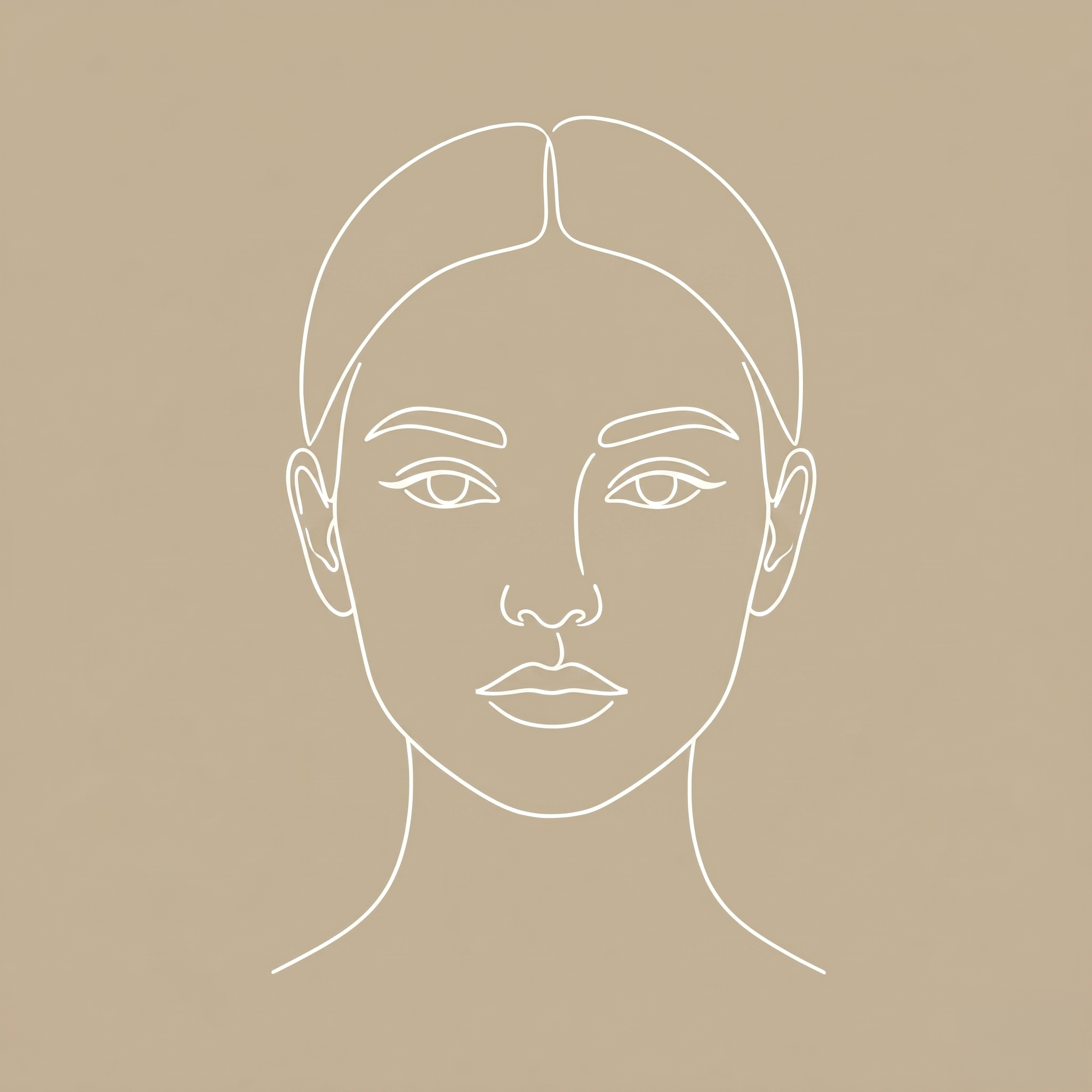 Line drawing of a human face outline with eyes, nose, mouth, and ears on a beige background.