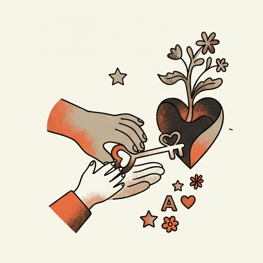 Crest Allied Health _ Illustration of two hands holding a flower pot with a blooming heart-shaped plant, surrounded by stars, hearts, and flowers.