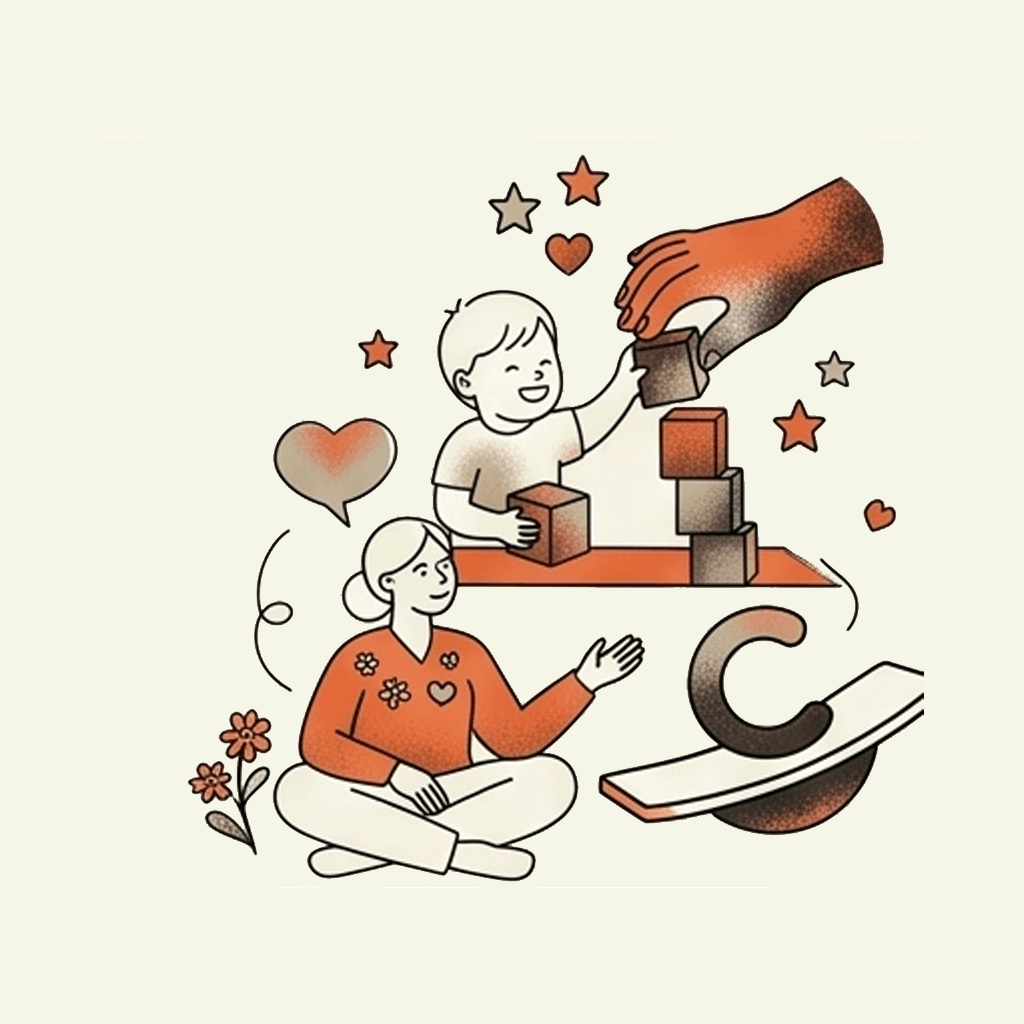 Crest Illustration of a woman sitting cross-legged with a small boy playing a game with building blocks, while a large hand hands a block to the boy. The scene includes stars and hearts, a microscope, and flowers, symbolizing science, care, and love.