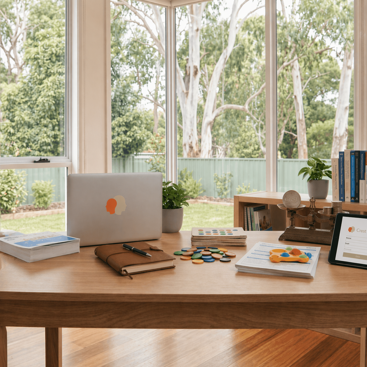 Home office desk with laptop, notebooks, papers, colorful tokens, scales, and books, set in front of large windows overlooking a garden with trees and a green fence.