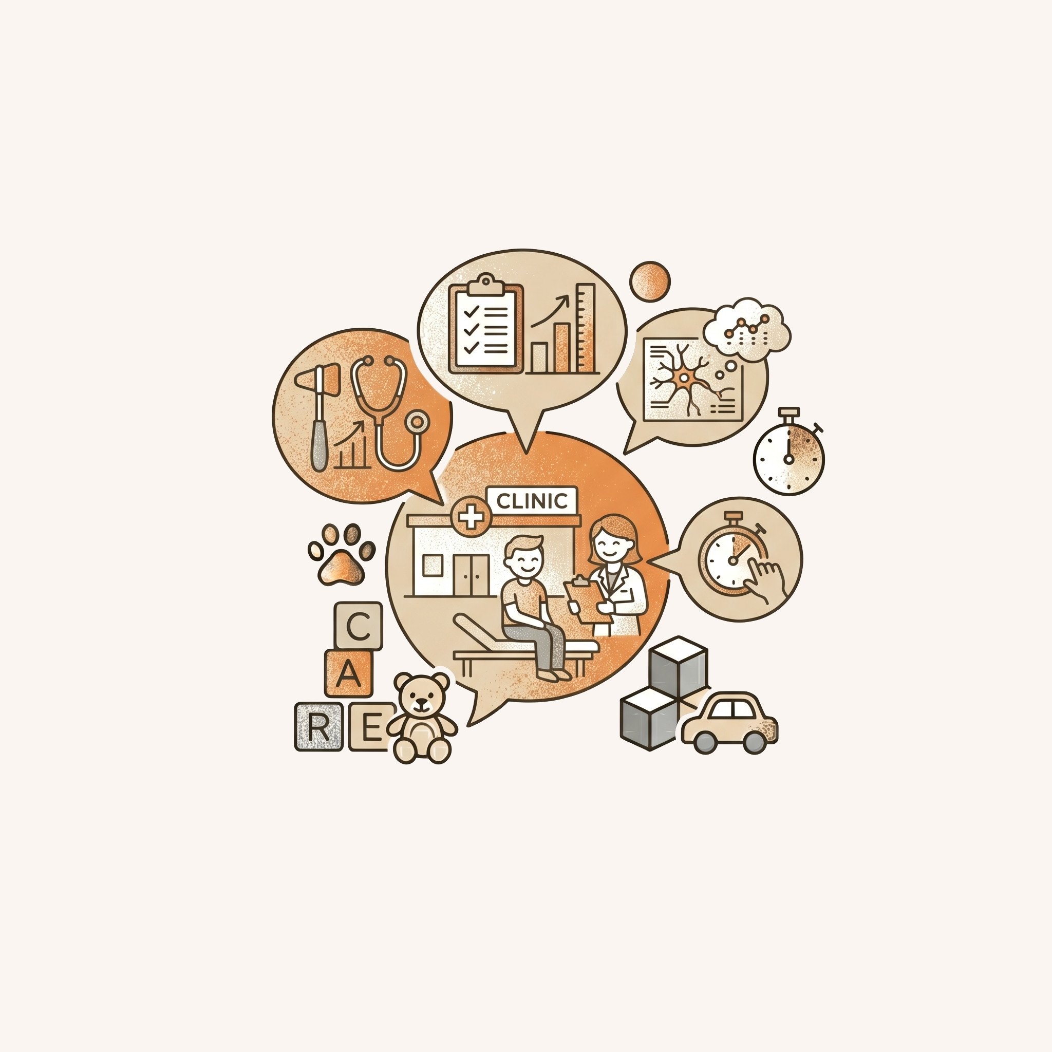 Illustration of healthcare and medical concepts with speech bubbles containing a stethoscope, medical checklist, brain with neural connections, teddy bear, and medical equipment.