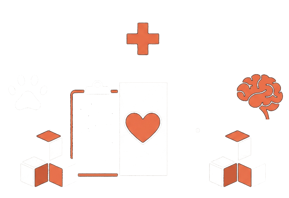 Illustrated medical-themed graphic with a red cross at the top, a dog paw print on the left, a brain with a line connecting to a cube on the right, a large heart on a vertical rectangle in the center, and various small cubes and blocks scattered around.