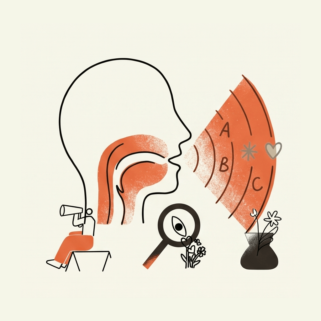 Crest Allied Health _ Sydney  A stylised illustration of a person speaking or emitting sound waves, with labeled sound wave sections A, B, and C, a magnifying glass with a heart, a small plant, and a vase with flowers.