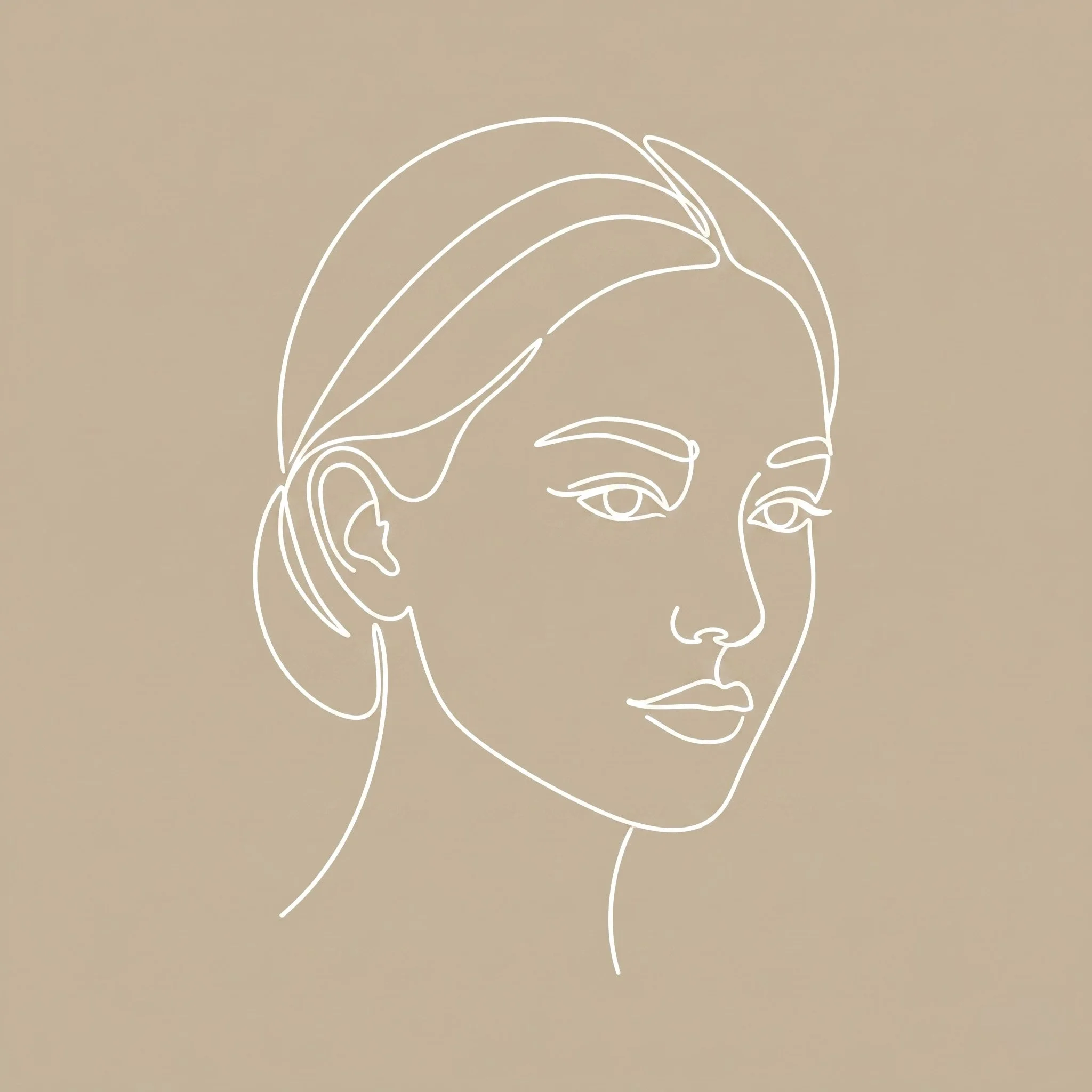 Minimalist line art of a person's face with neutral expression on beige background.