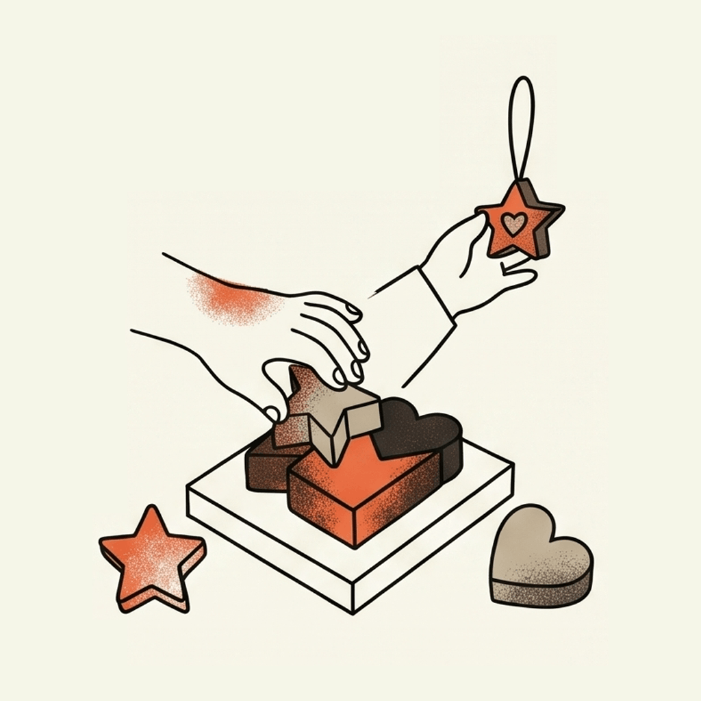 Crest Allied Health _ Illustration of two hands stacking star-shaped cookies or decorations, with additional star and heart-shaped items on a white surface.