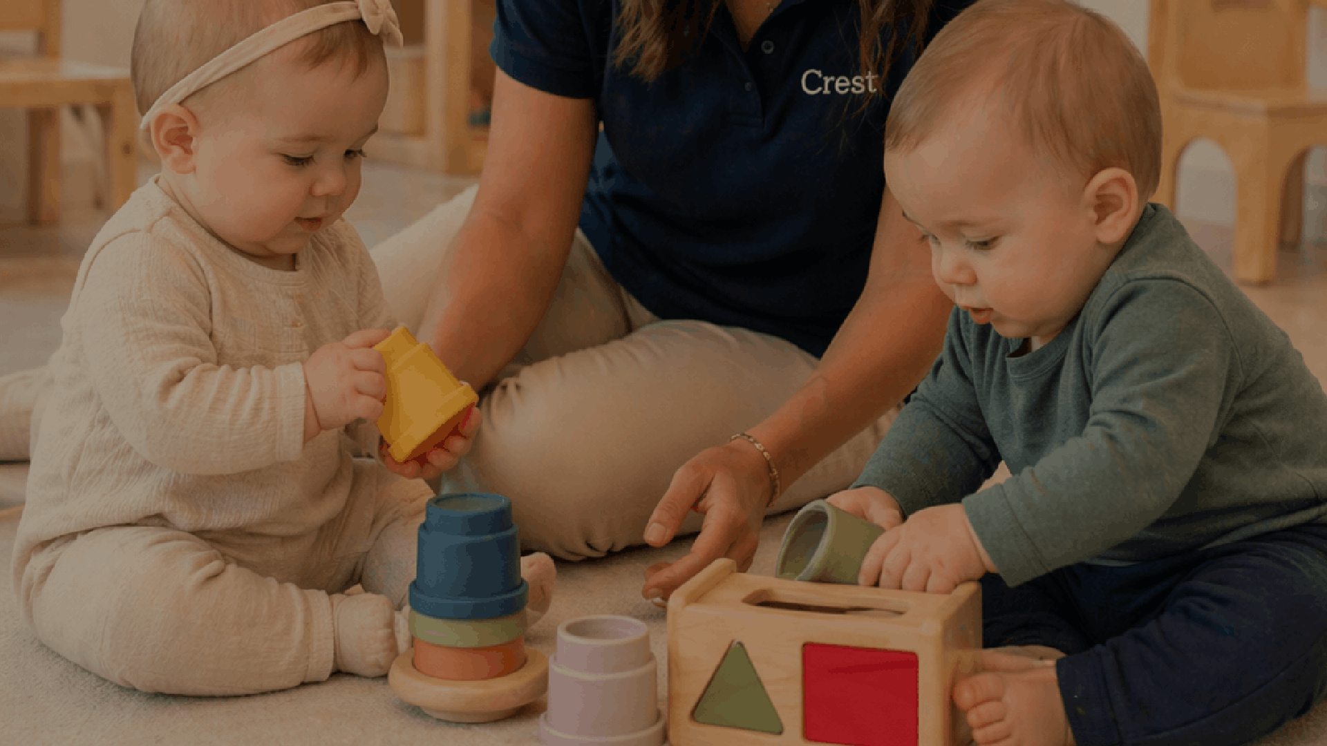 Two young children, a girl and a boy, sitting on the floor, engaging with educational toys, with a caregiver nearby.