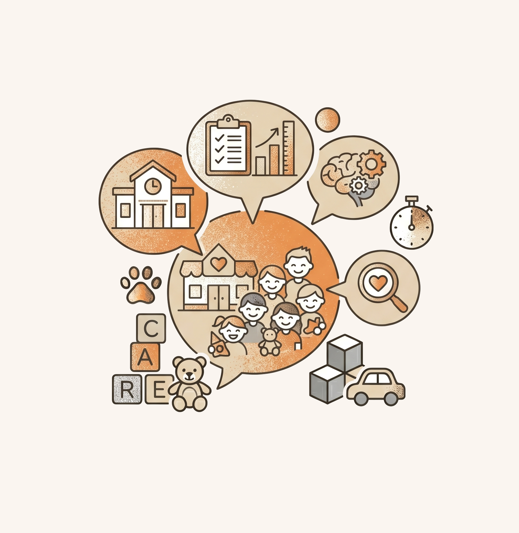 Illustration with various icons representing a school, family, teamwork, progress, and care, in a soft color palette