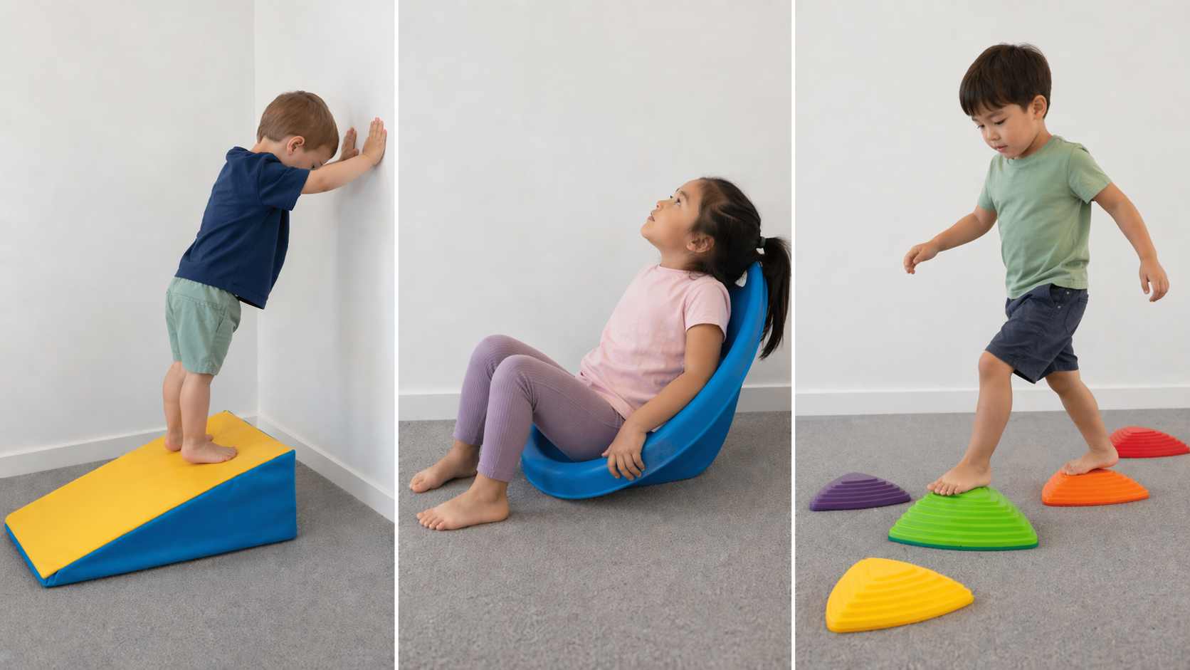 Three children engaging in physical activity exercises: one boy balancing on a wedge-shaped foam on the floor, a girl sitting on a blue balance cushion, and another boy stepping on rainbow-colored balance stones.