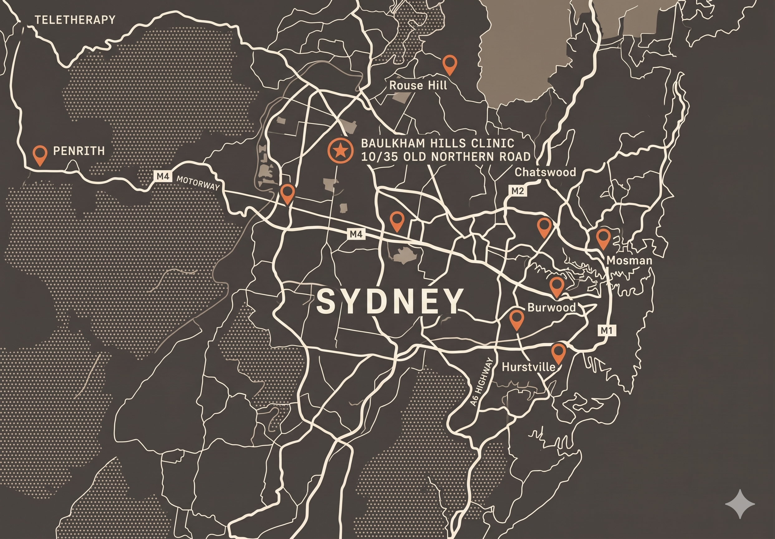 Map of Sydney with locations marked for Penrith, Rouse Hill, Chatswood, Mosman, Burwood, and Hurstville. Labels include Baulkham Hills Clinic at 10/35 Old Northern Road, and major roads such as M4, M2, and A6 Highway. The map features a black background with white lines and text, and orange markers indicating key locations.