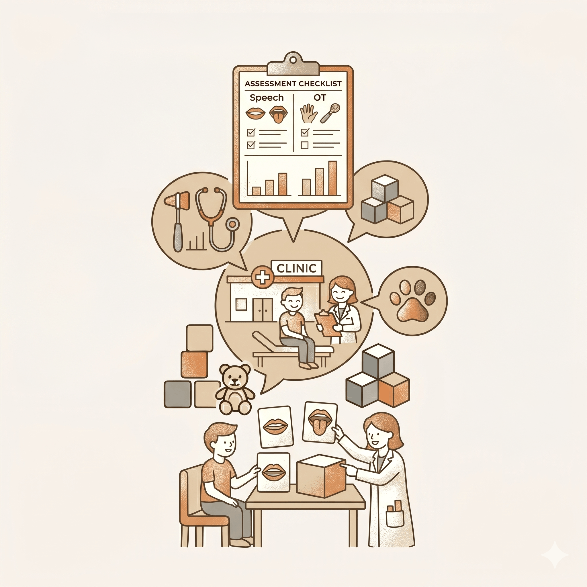 Illustration of a healthcare setting with an assessment checklist for speech and occupational therapy, showing medical professionals, a patient, speech therapy tools, a teddy bear, blocks, and speech bubbles.