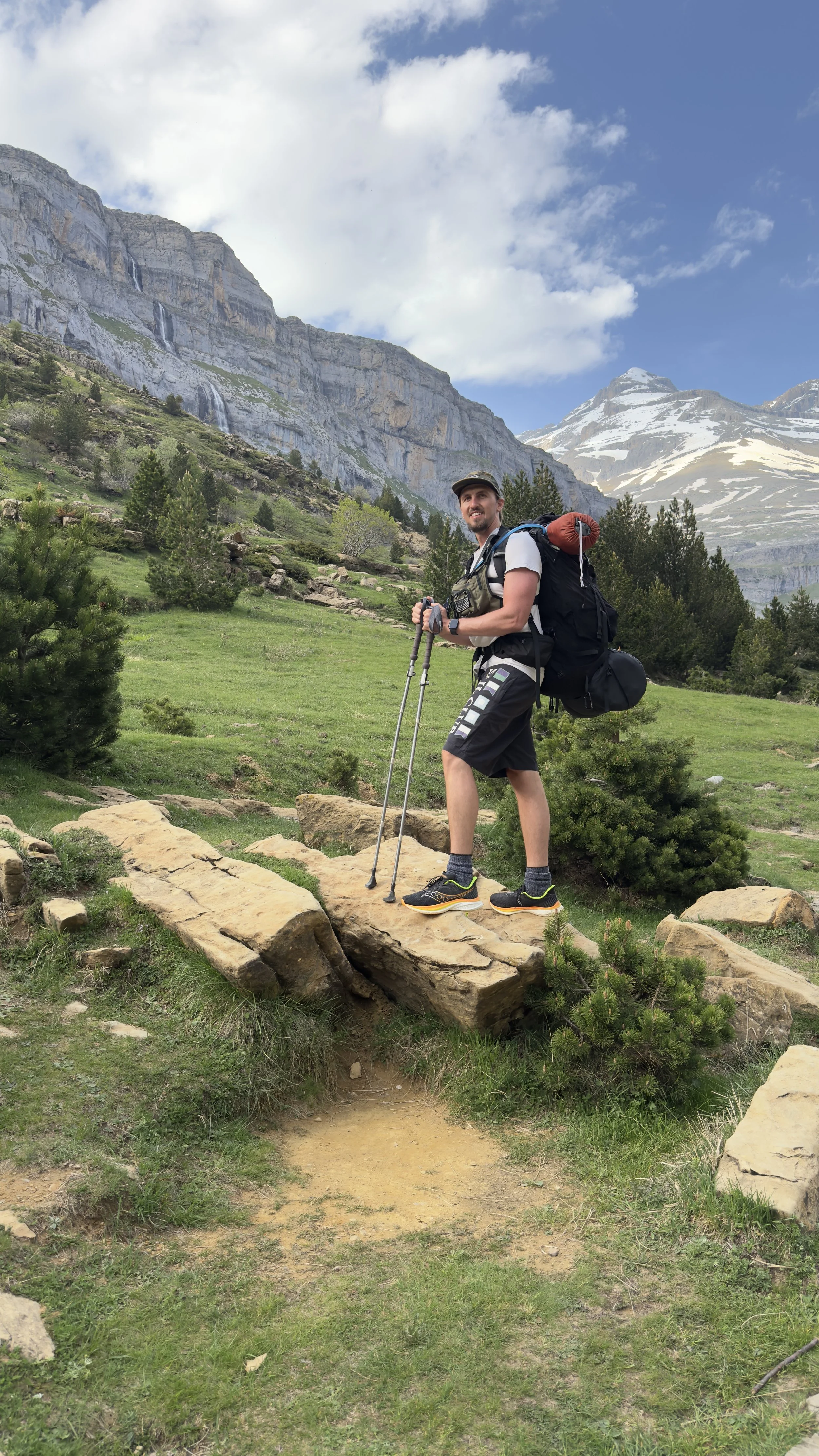 A man with a backpack standing on a large rock, holding trekking poles, in a mountainous landscape with green trees, rocky terrain, and snow-capped peaks in the background.