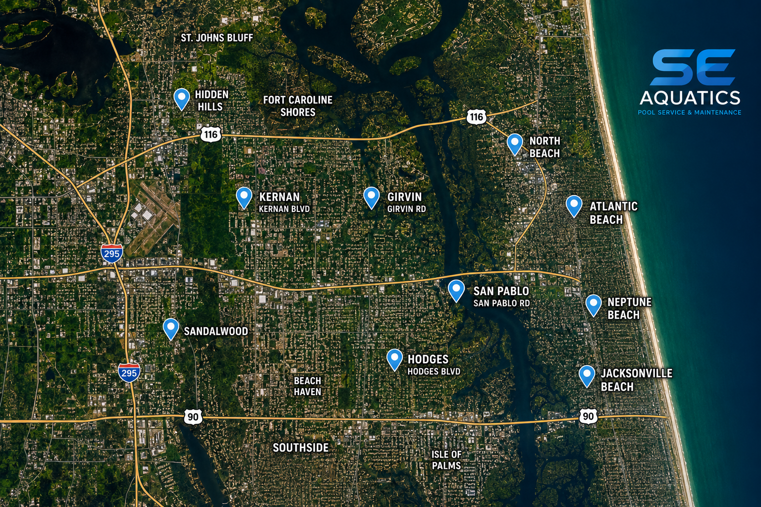 Map of a coastal area with water bodies, roads, and labeled neighborhoods such as North Beach, Atlantic Beach, Neptune Beach, Jacksonville Beach, San Pablo, Hodges, Sandalwood, Kernan, Girvin, Hidden Hills, Fort Caroline Shores, St. Johns Bluff, and Beach Haven. The map shows highways and the Atlantic Ocean on the right side.