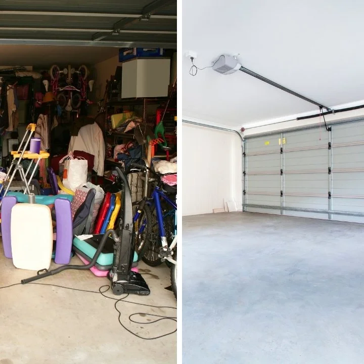 Vergleich zwischen einem unordentlichen und einem sauberen Garage, links voller ungeordneter Gegenstände und Fahrräder, rechts leer und aufgeräumt.  Eine Entrümpelung und Renovierung in München