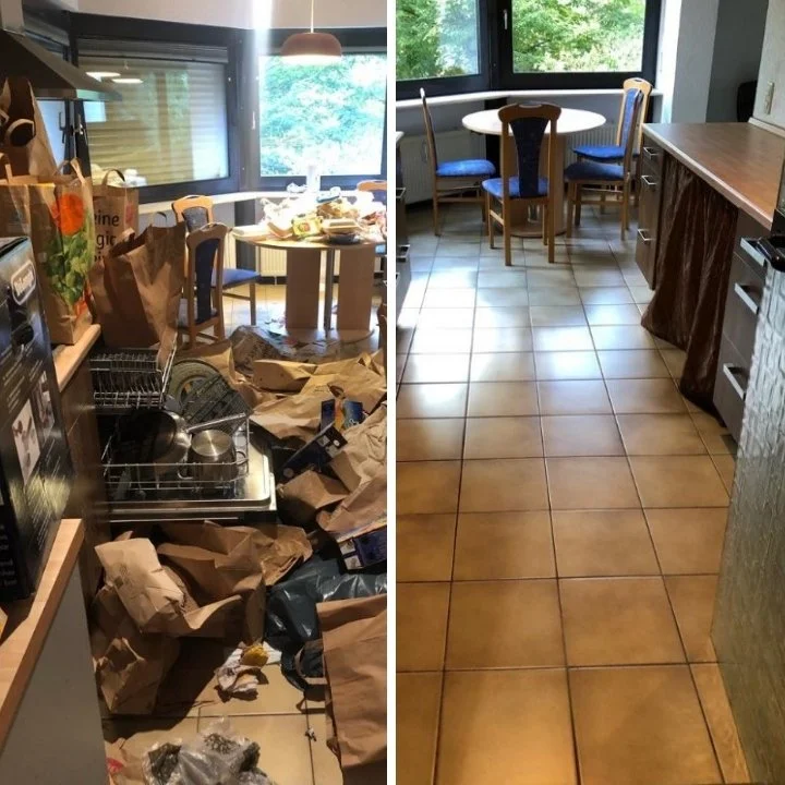 Vergleich eines unordentlichen Küchenbereichs vor und nach dem Entrümpeln in München, mit Esstisch und Stühlen am Fenster im Hintergrund.